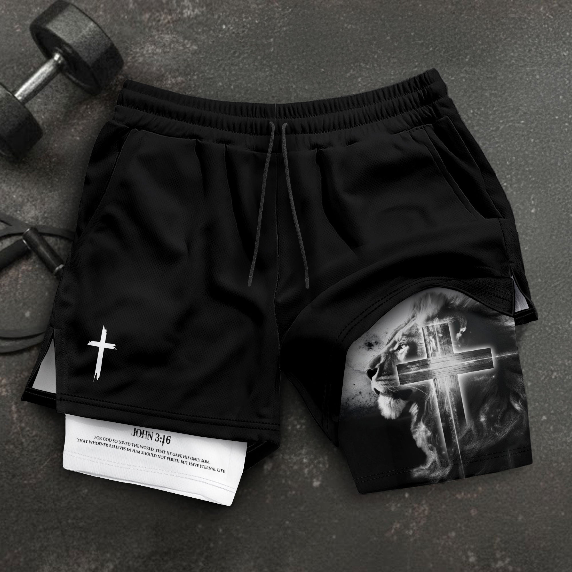 John 3:16 Christian Gym Shorts for Men Lion Cross Faith Design - Rust Field Wear