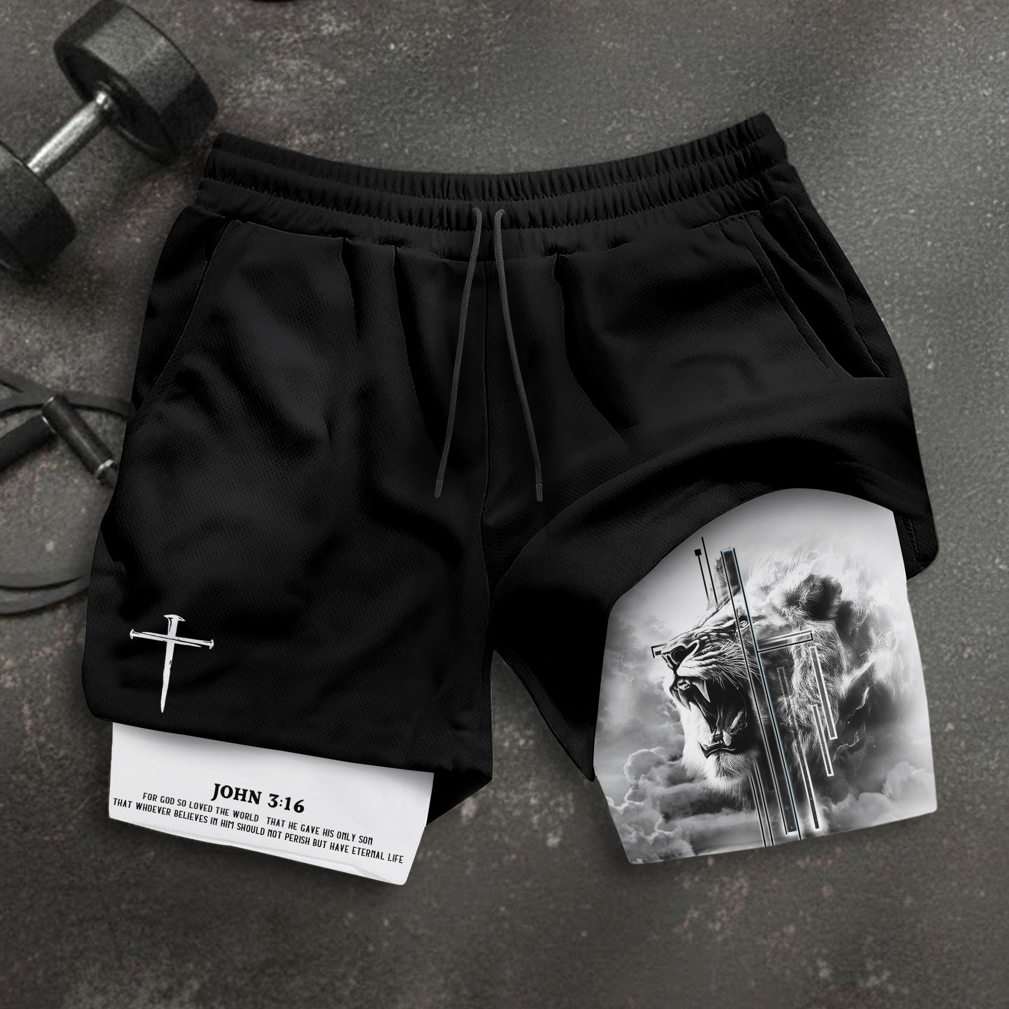 John 3 16 Christian Gym Shorts for Men Lion Cross Bible Verse