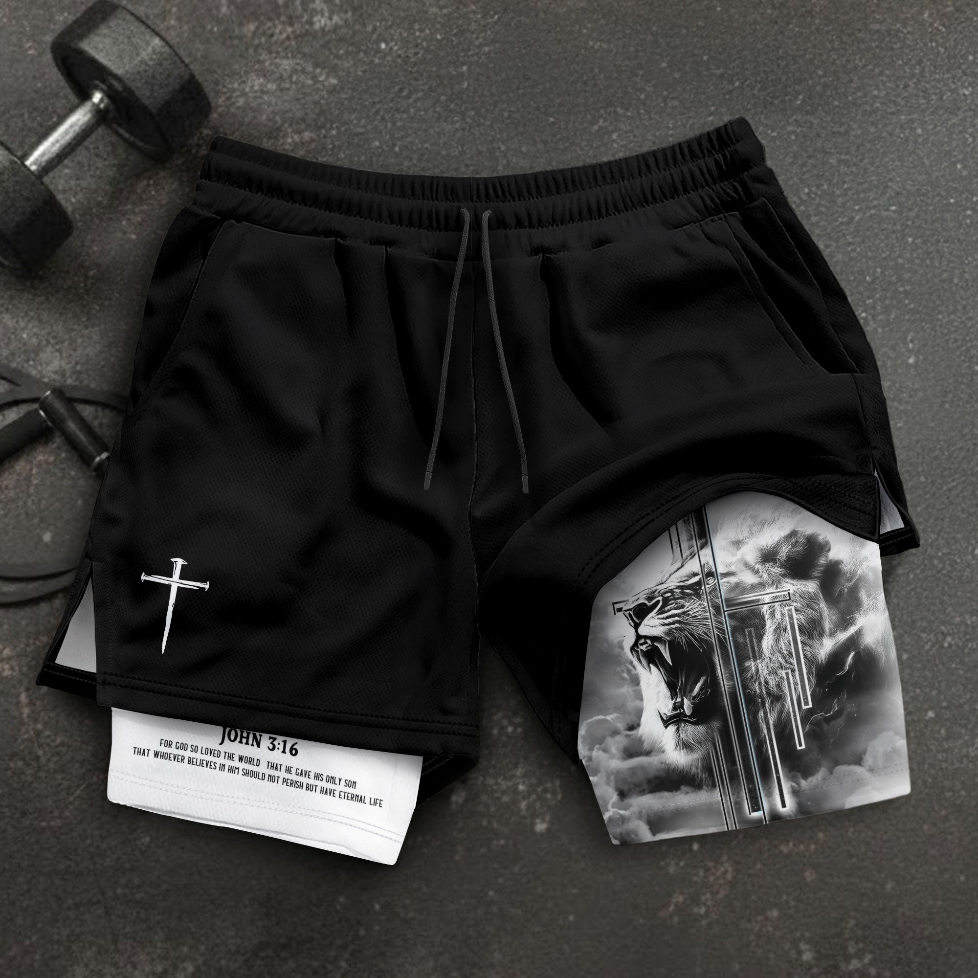 John 3:16 Christian Gym Shorts for Men Lion Cross Bible Verse - Rust Field Wear