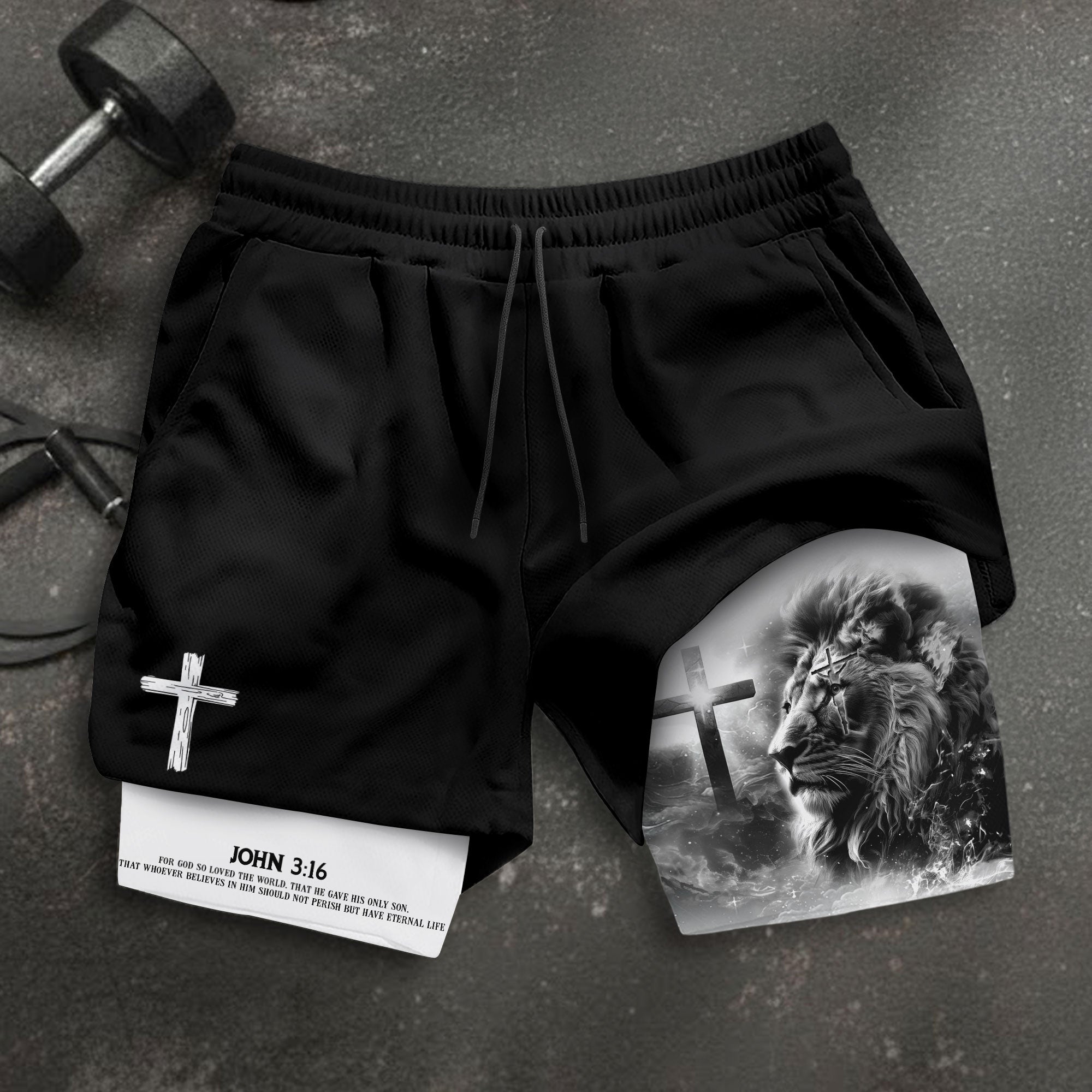 John 3 16 Christian Gym Shorts for Men Lion Cross Design