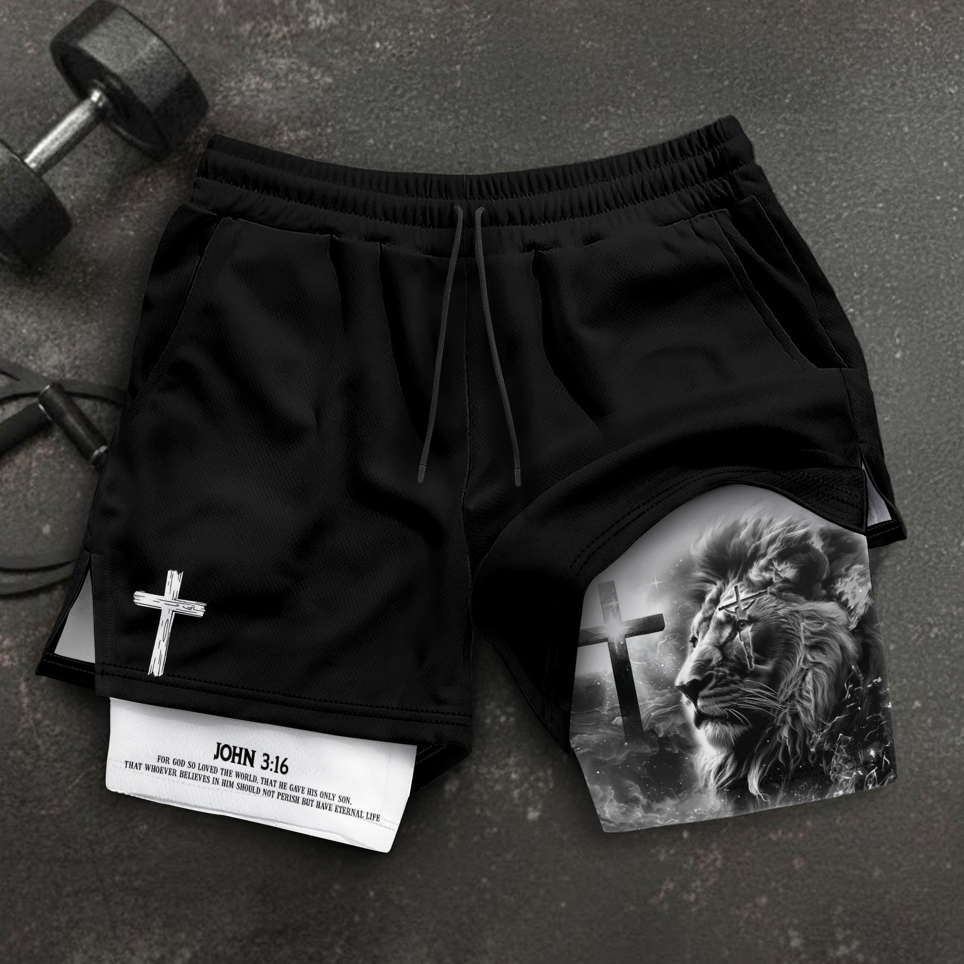 John 3:16 Christian Gym Shorts for Men Lion Cross Design - Rust Field Wear
