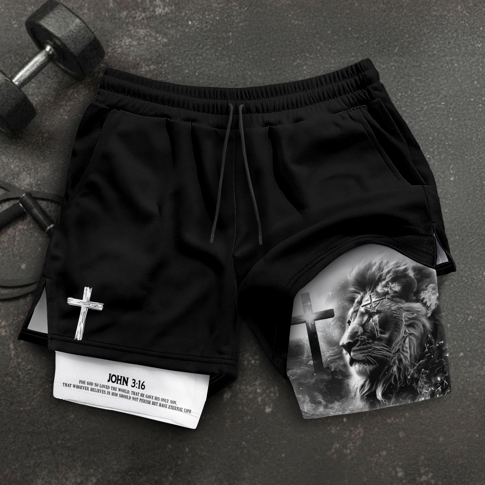 John 3:16 Christian Gym Shorts for Men Lion Cross Design - Rust Field Wear