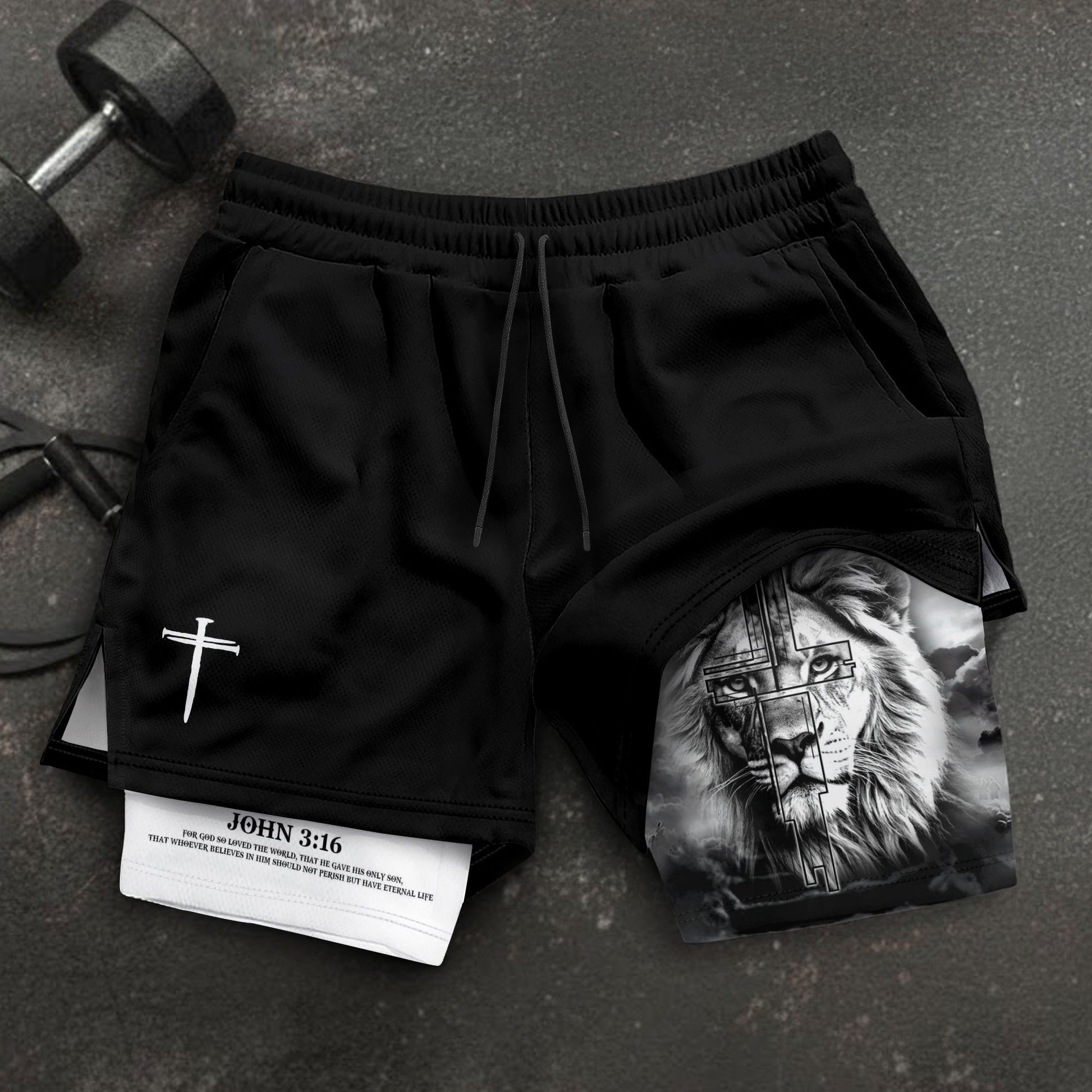 John 3:16 Christian Gym Shorts for Men Lion Cross Faith Shorts - Rust Field Wear