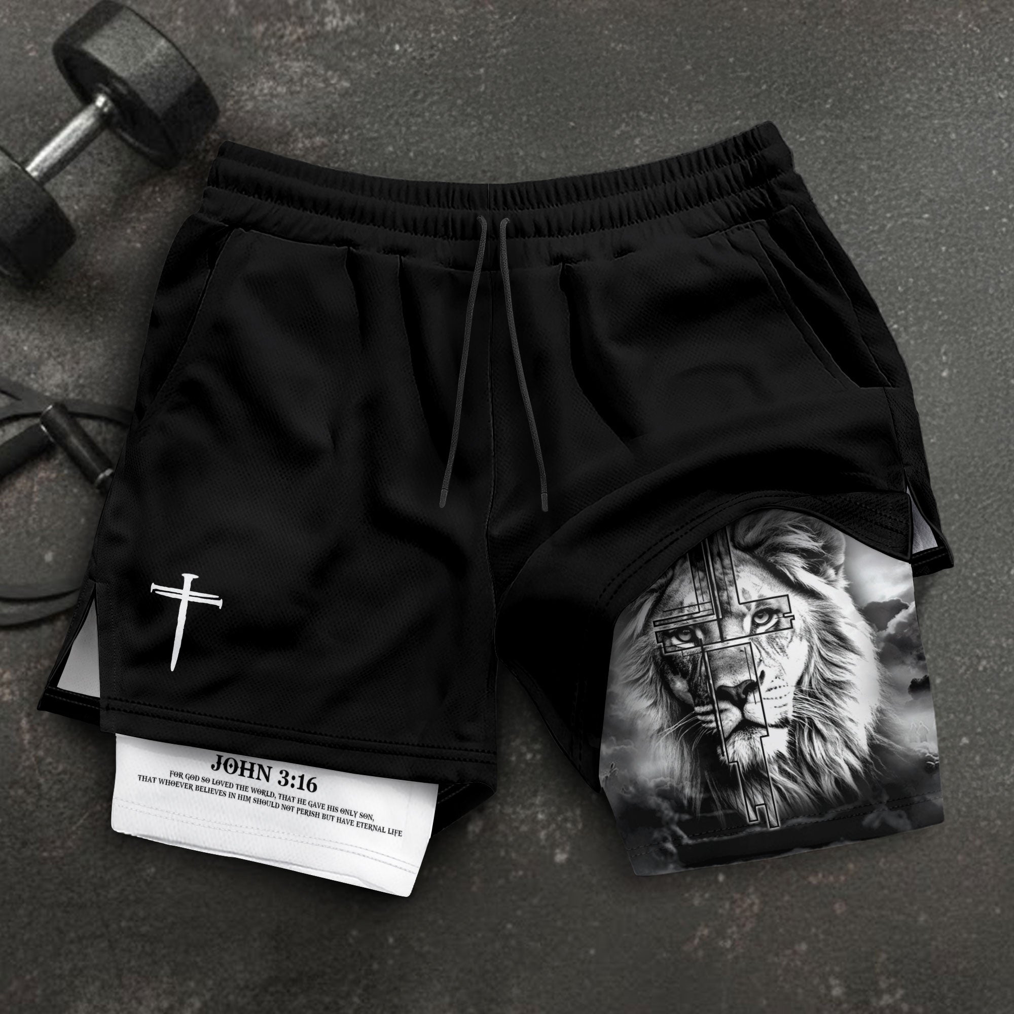 John 3:16 Christian Gym Shorts for Men Lion Cross Faith Shorts - Rust Field Wear