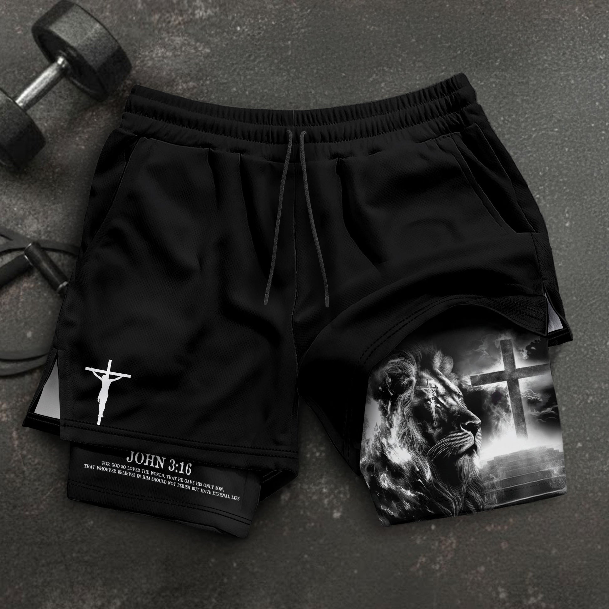 John 3:16 Christian Gym Shorts for Men Lion Cross Jesus Design - Rust Field Wear