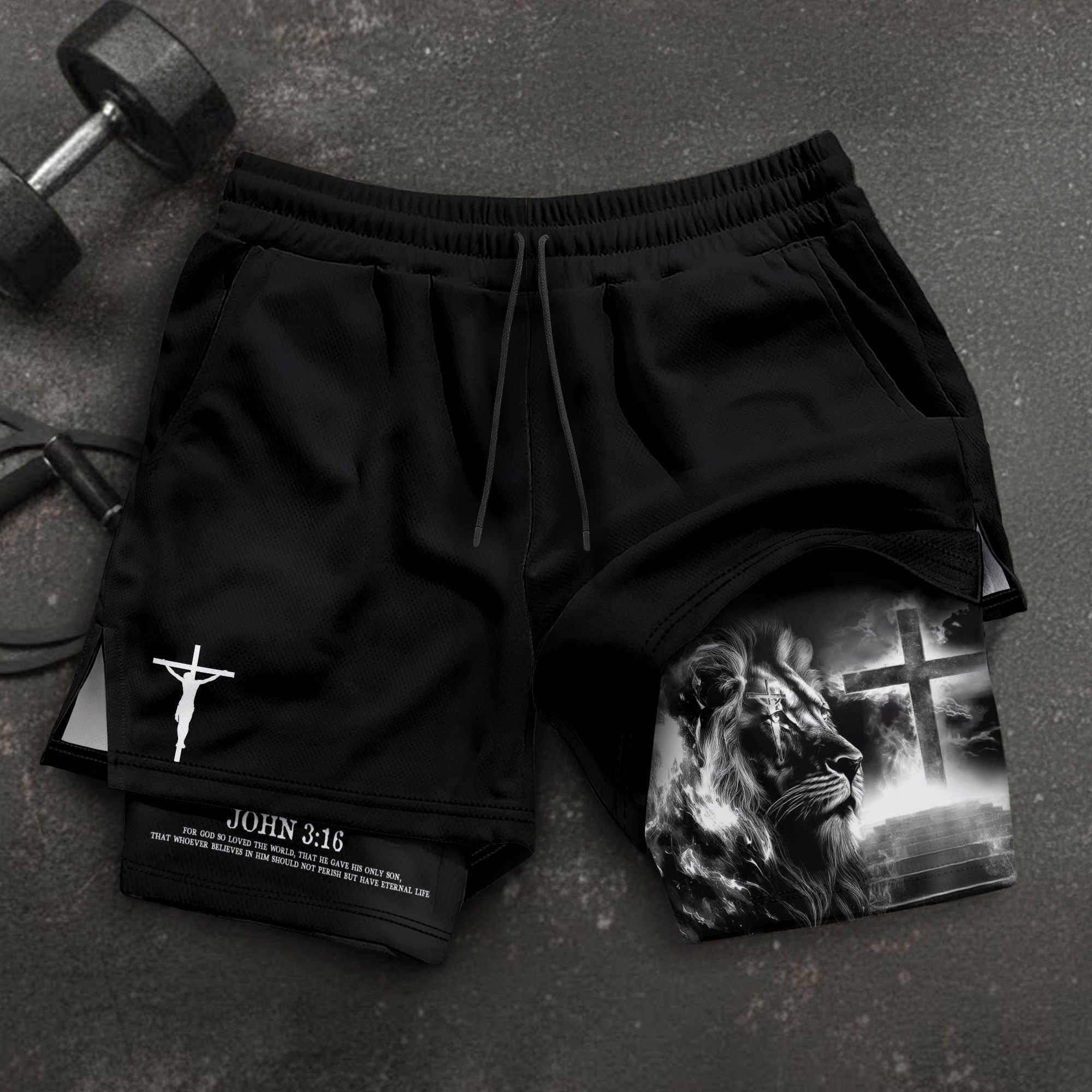 John 3:16 Christian Gym Shorts for Men Lion Cross Jesus Design - Rust Field Wear