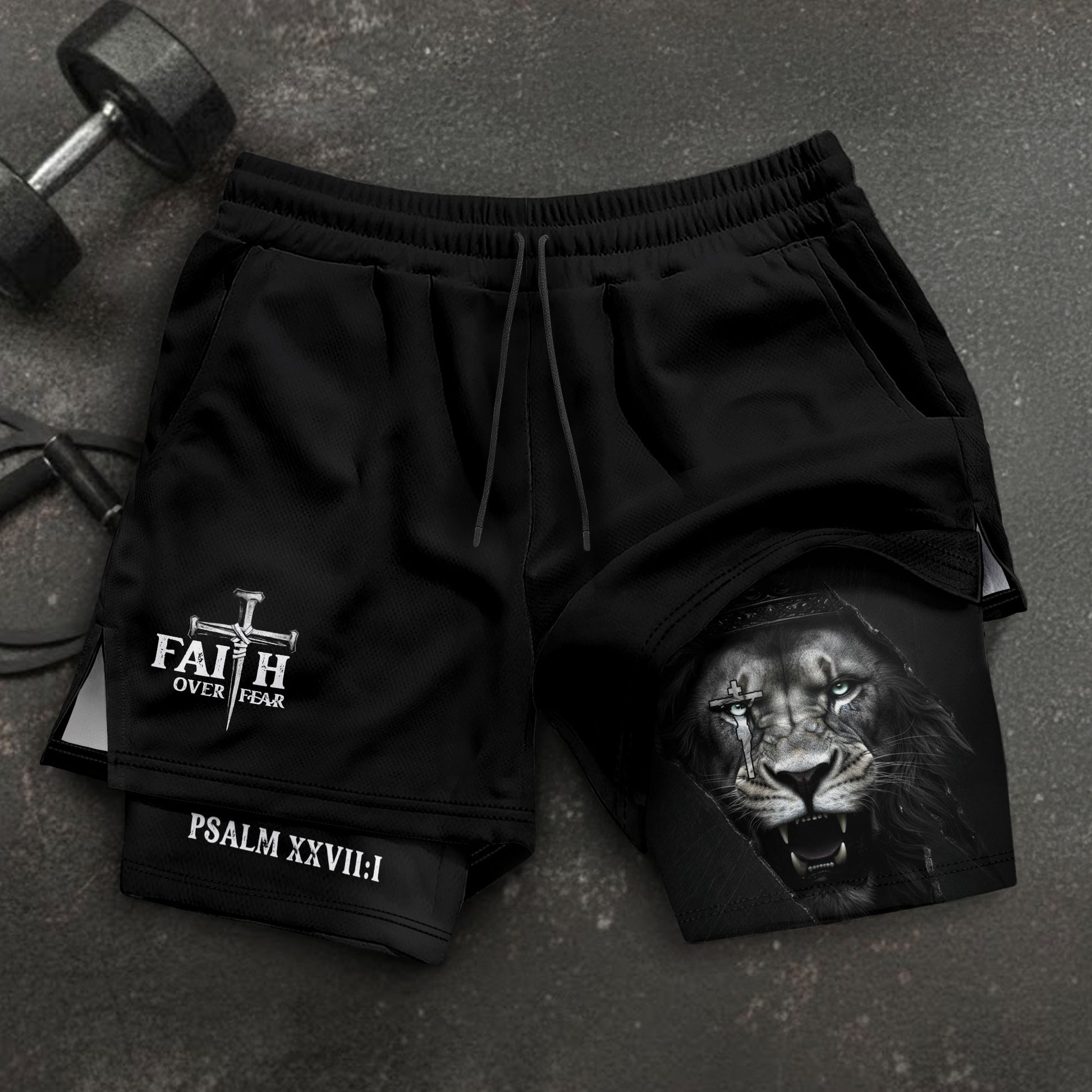 Psalm 27:1 Faith Over Fear Christian Gym Shorts Lion Cross Design - Rust Field Wear