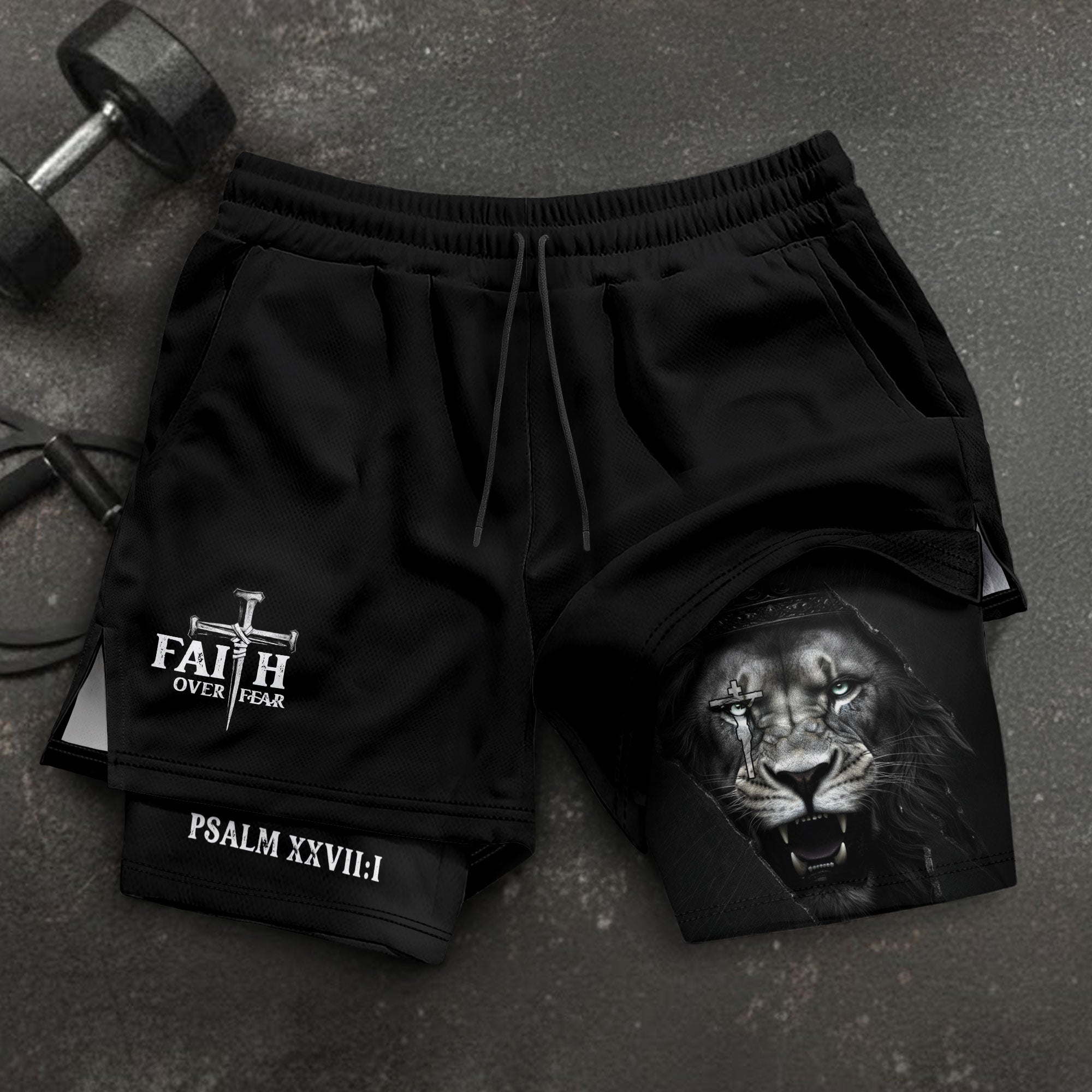 Psalm 27:1 Faith Over Fear Christian Gym Shorts Lion Cross Design - Rust Field Wear