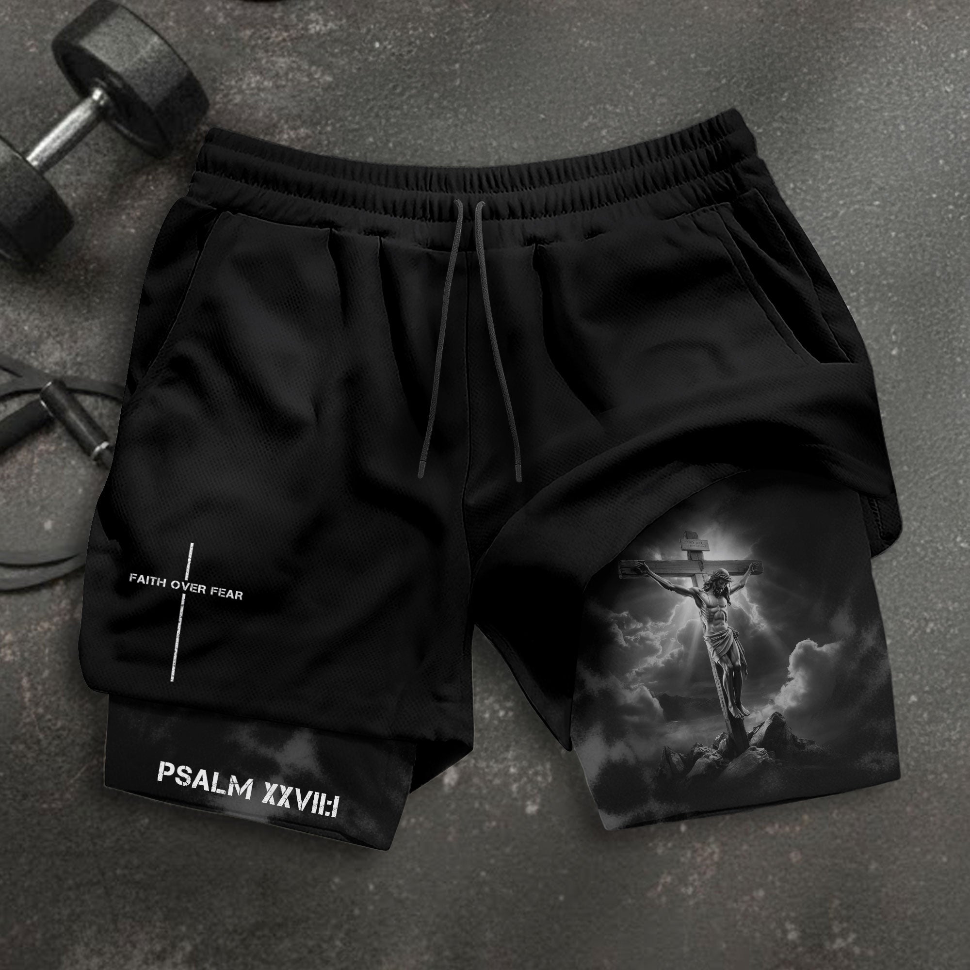 Psalm 27 1 Christian Gym Shorts Jesus on Cross Faith Over Fear