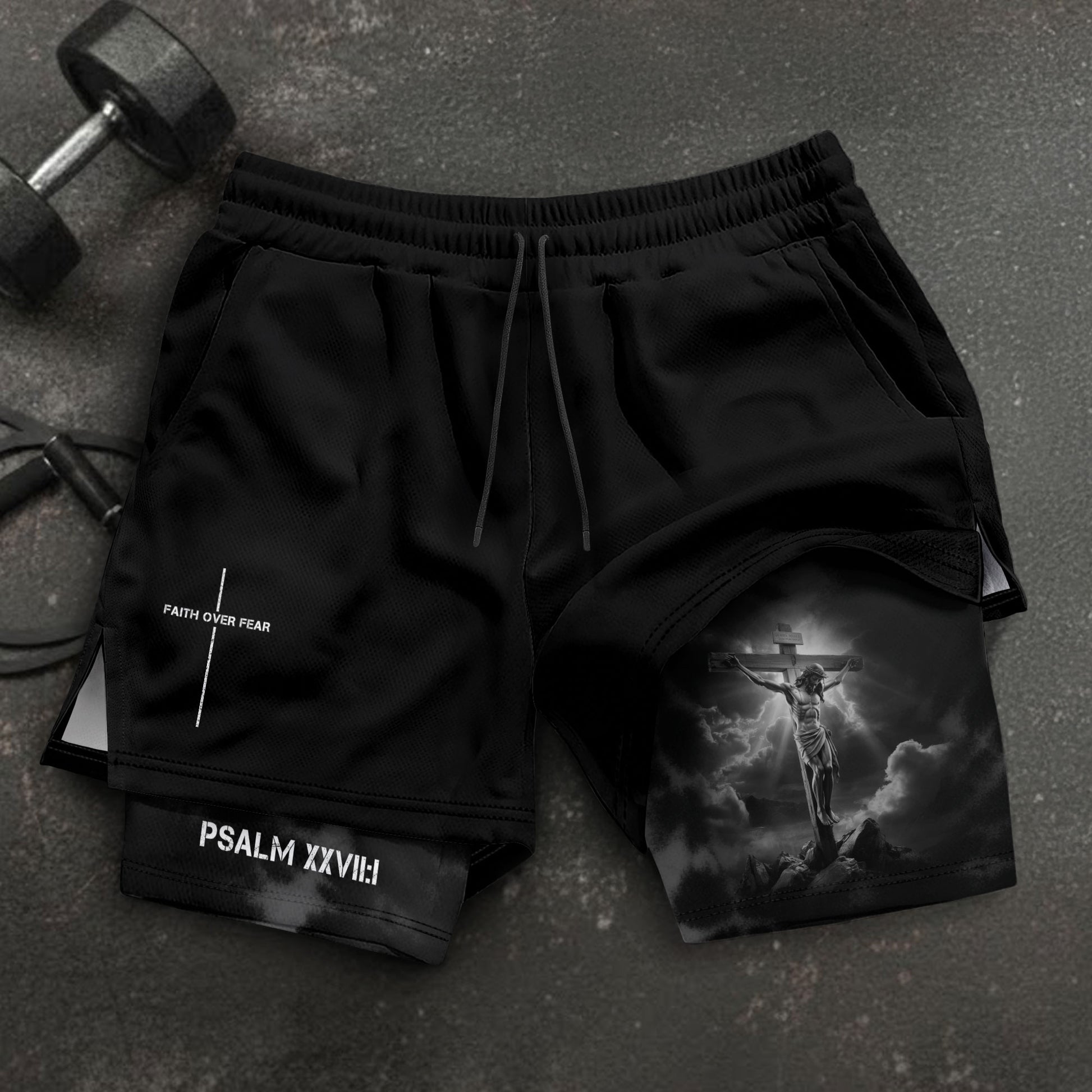 Psalm 27:1 Christian Gym Shorts Jesus on Cross Faith Over Fear - Rust Field Wear