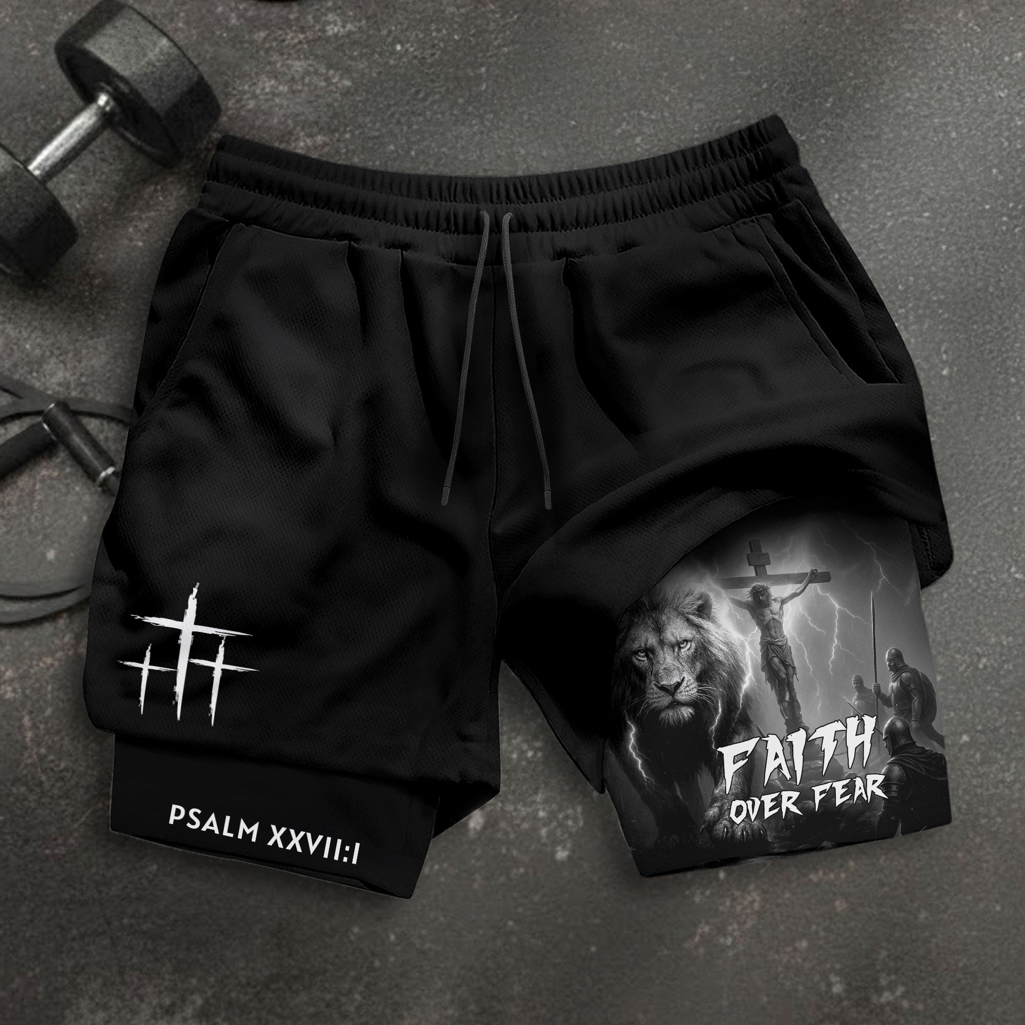 Psalm 27 1 Faith Over Fear Christian Gym Shorts Lion and Cross Design