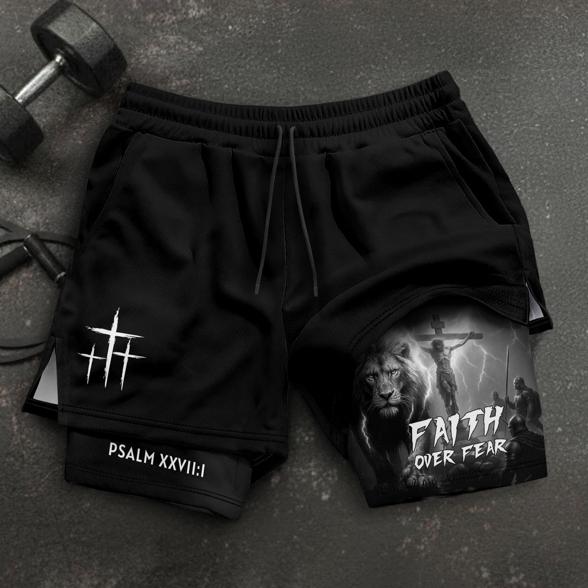 Psalm 27:1 Faith Over Fear Christian Gym Shorts Lion and Cross Design - Rust Field Wear