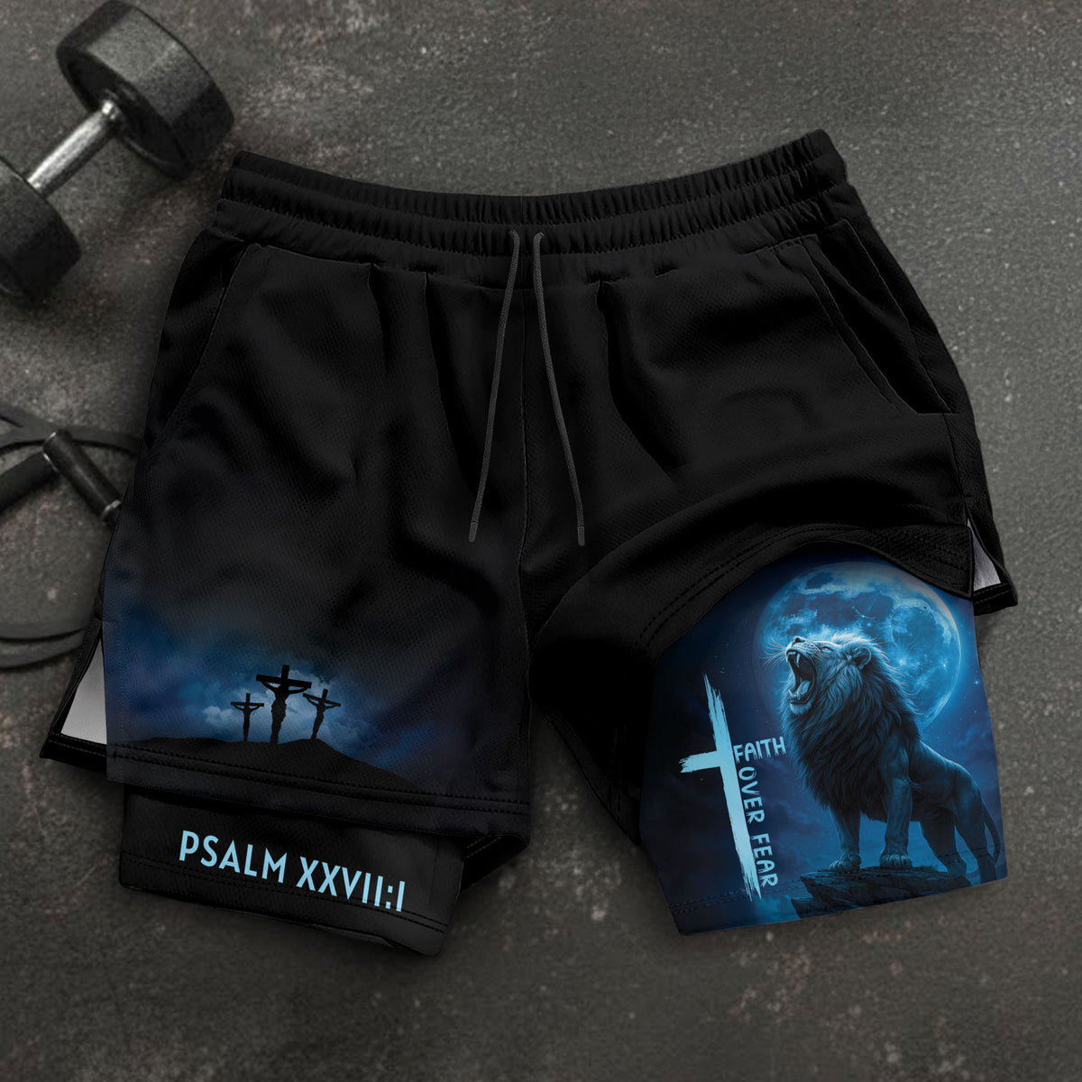 Psalm 27:1 Faith Over Fear Blue Lion Christian Gym Shorts - Rust Field Wear