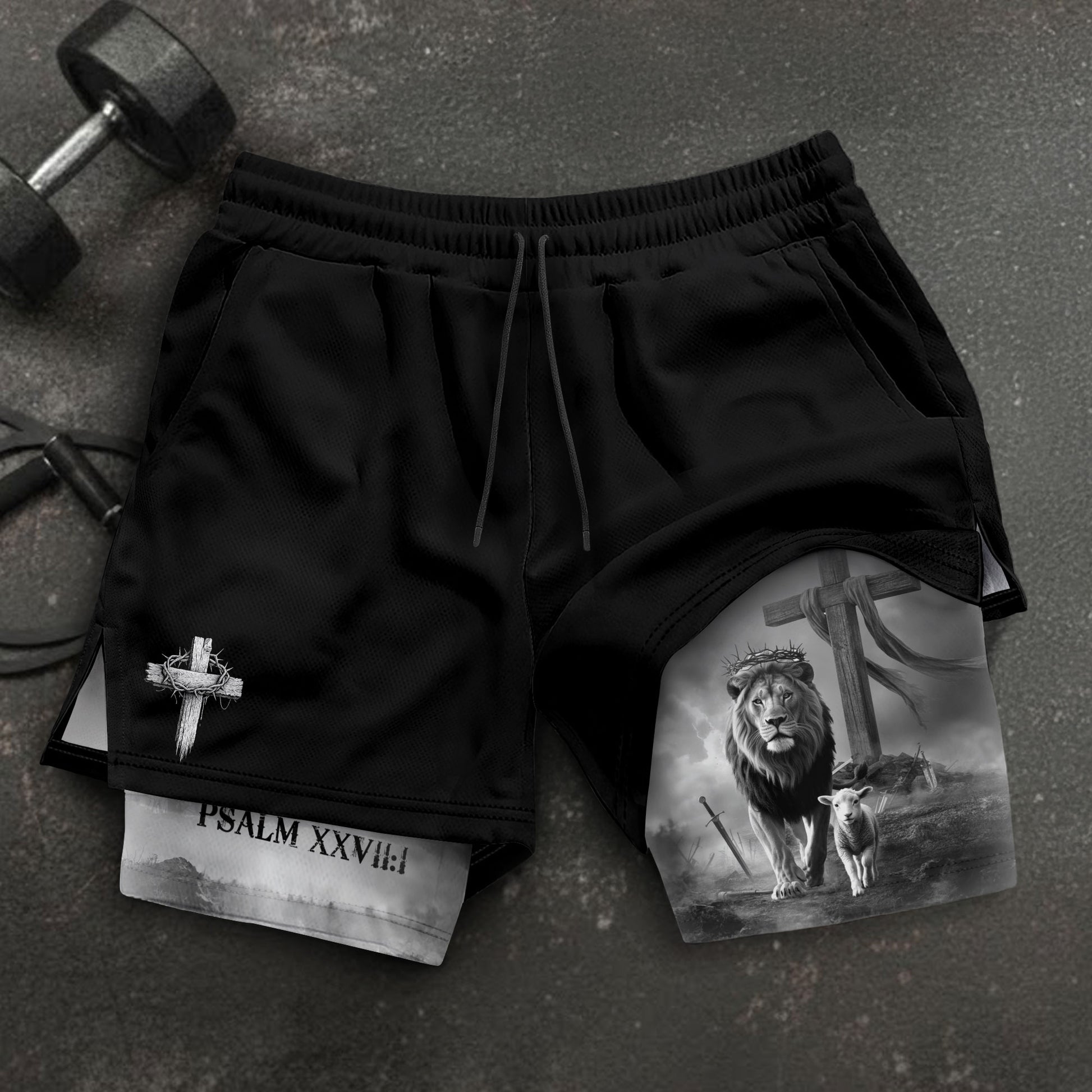 Psalm 27:1 Lion and Lamb Christian Gym Shorts Faith Over Fear - Rust Field Wear