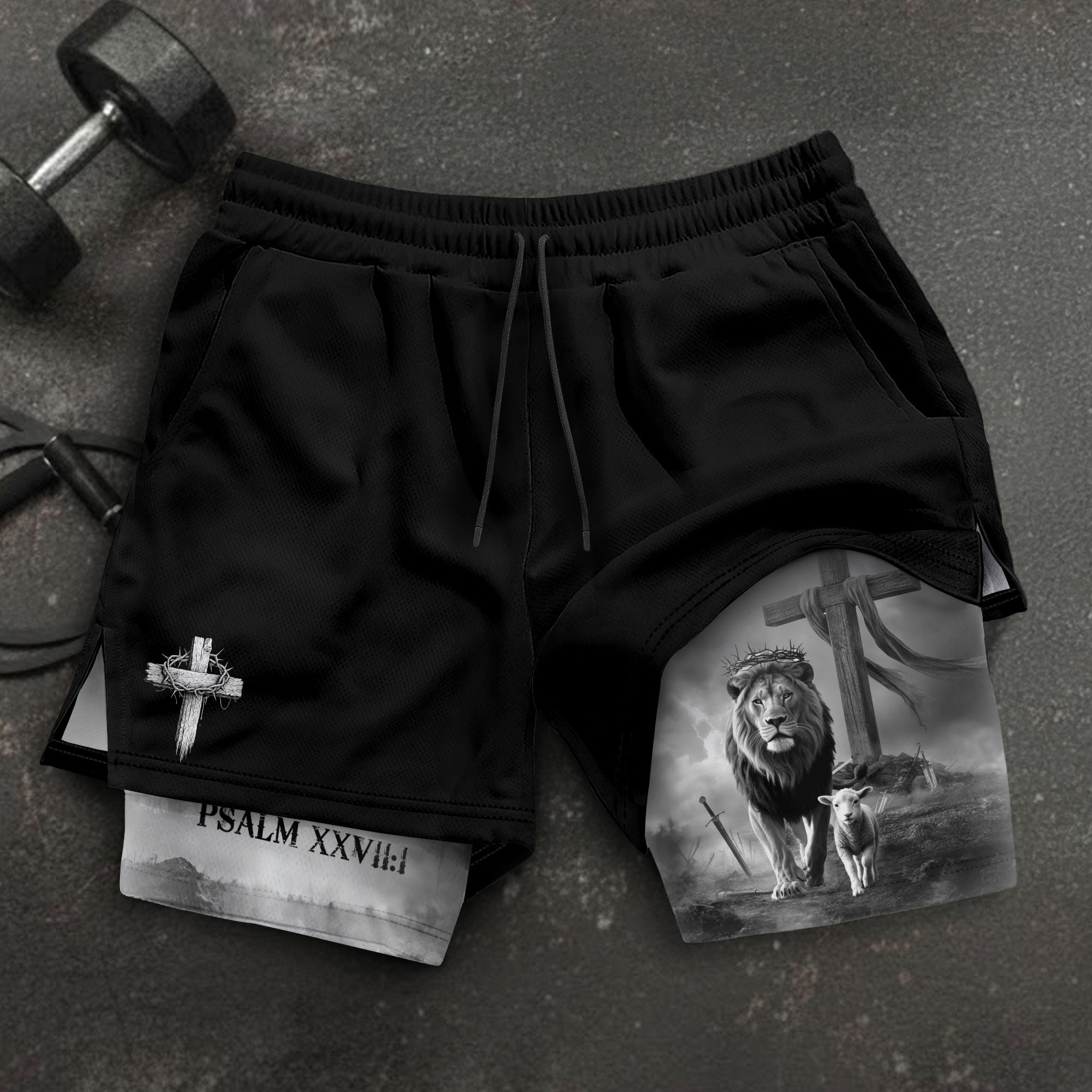 Psalm 27:1 Lion and Lamb Christian Gym Shorts Faith Over Fear - Rust Field Wear