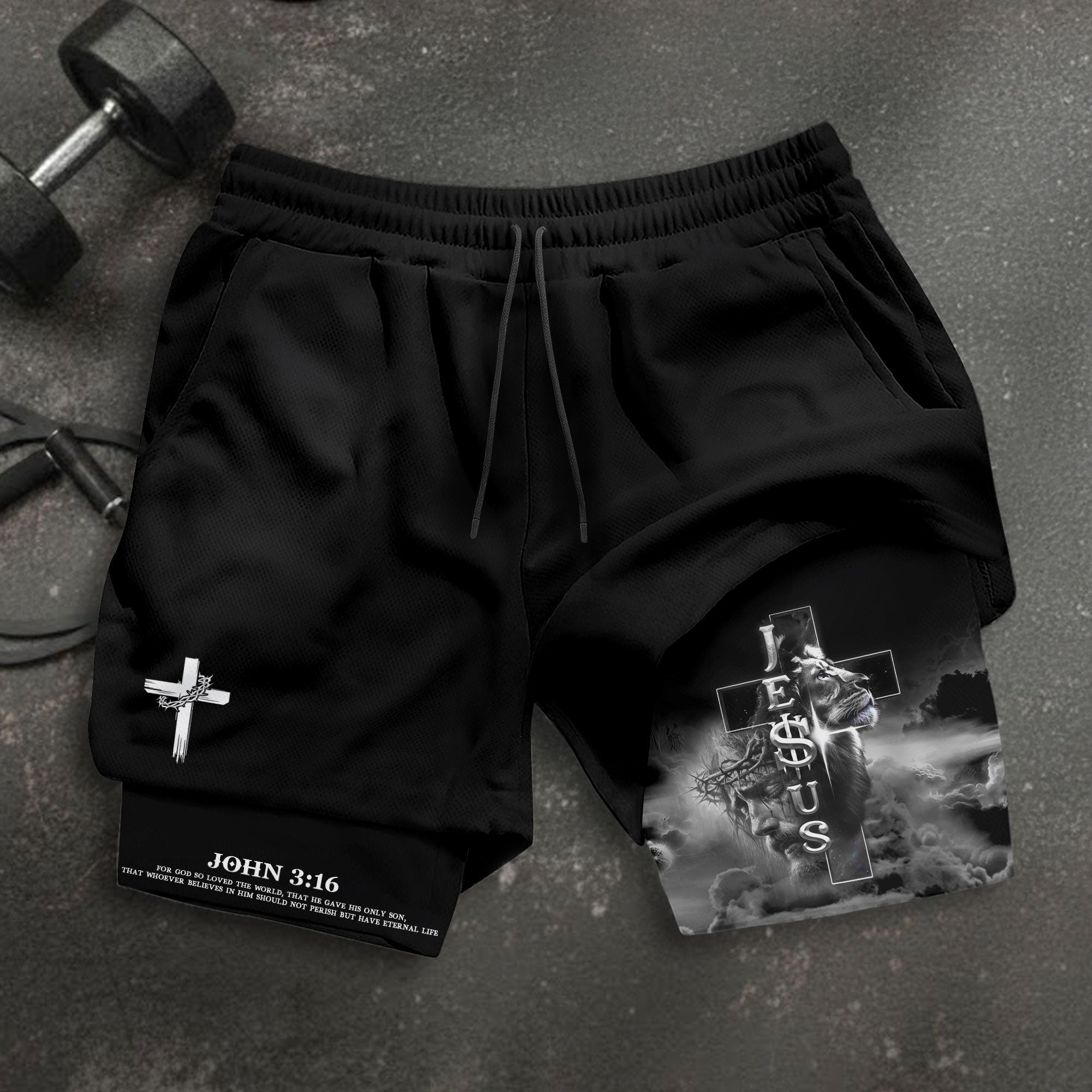 John 3 16 Christian Shorts for Men Jesus Cross Lion Design