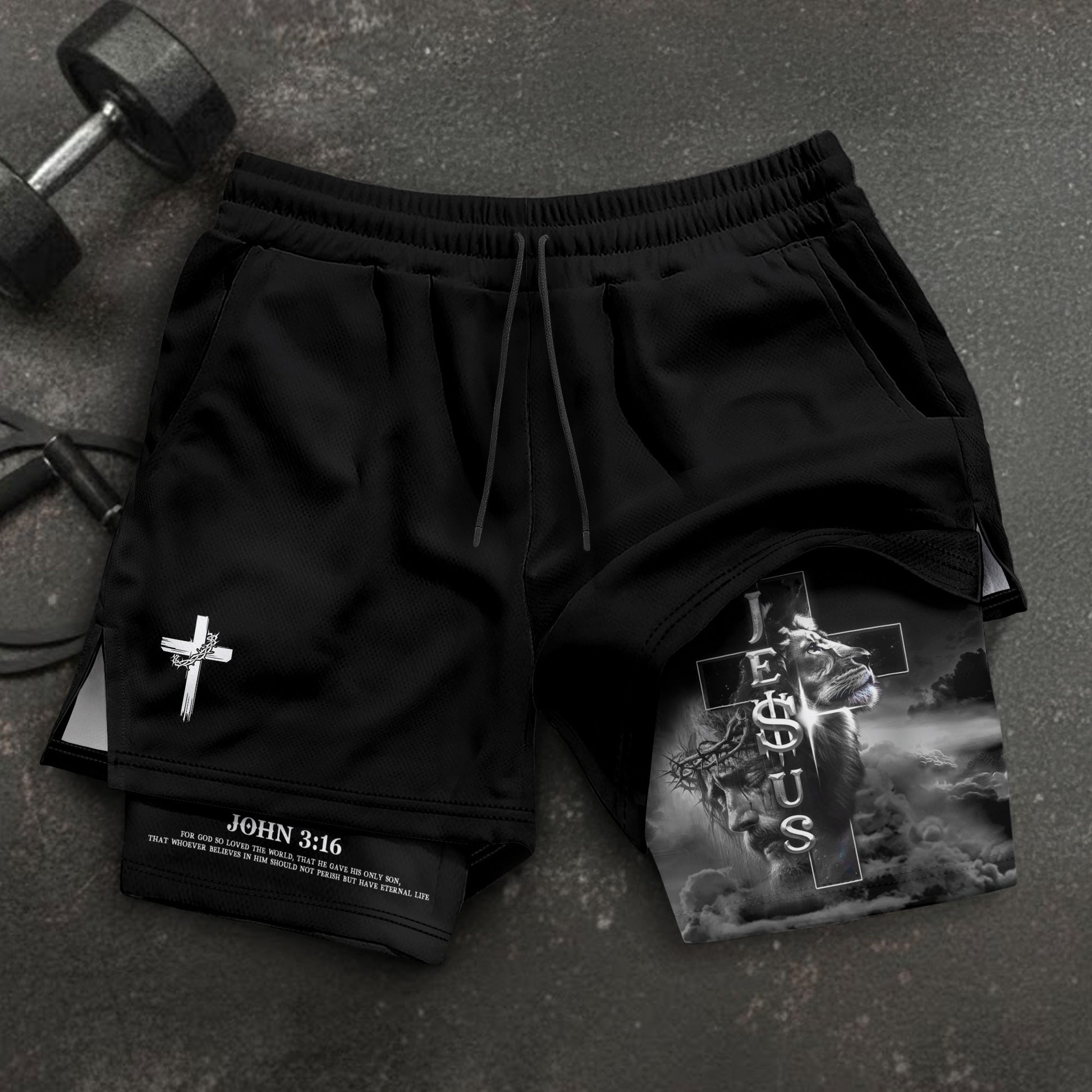 John 3:16 Christian Shorts for Men Jesus Cross Lion Design - Rust Field Wear