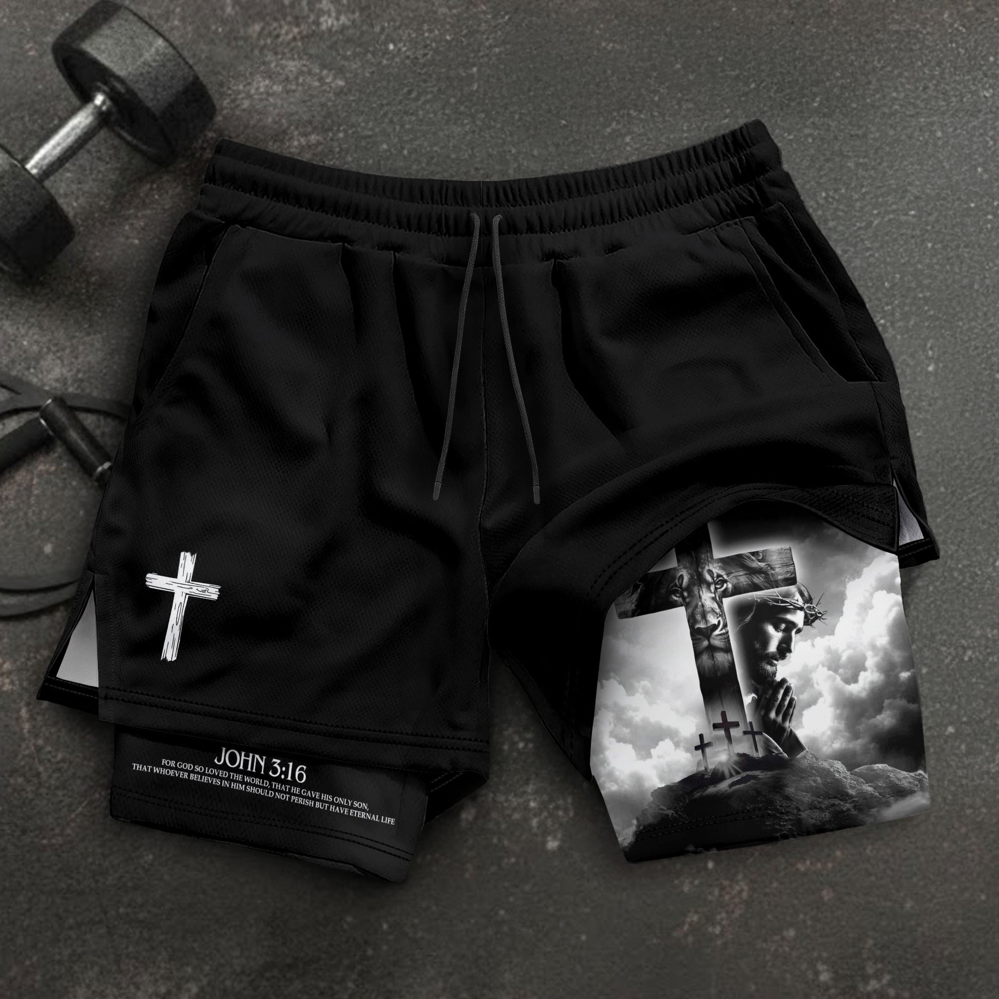 John 3:16 Bible Verse Shorts for Men Jesus Cross Christian Apparel - Rust Field Wear
