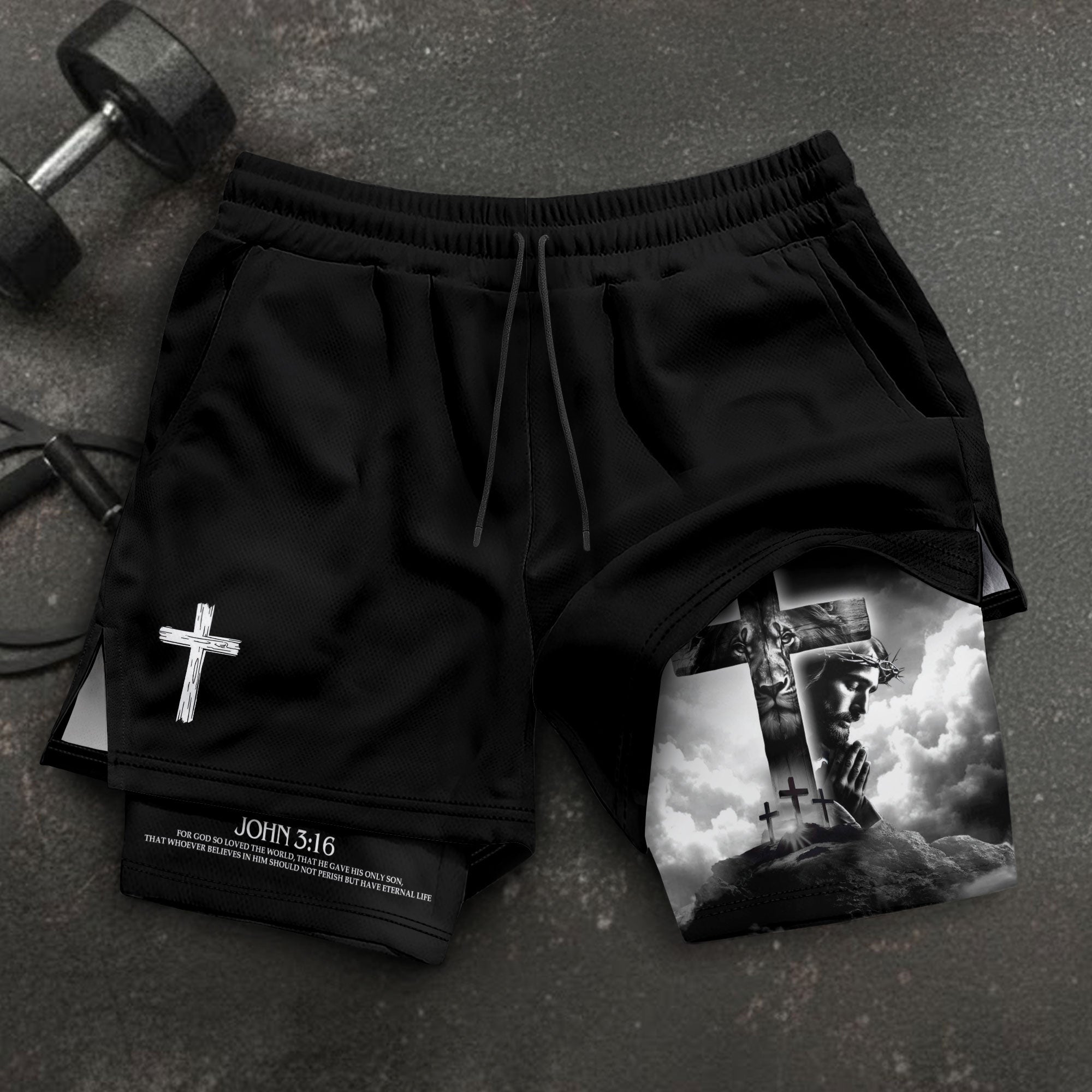 John 3:16 Bible Verse Shorts for Men Jesus Cross Christian Apparel - Rust Field Wear