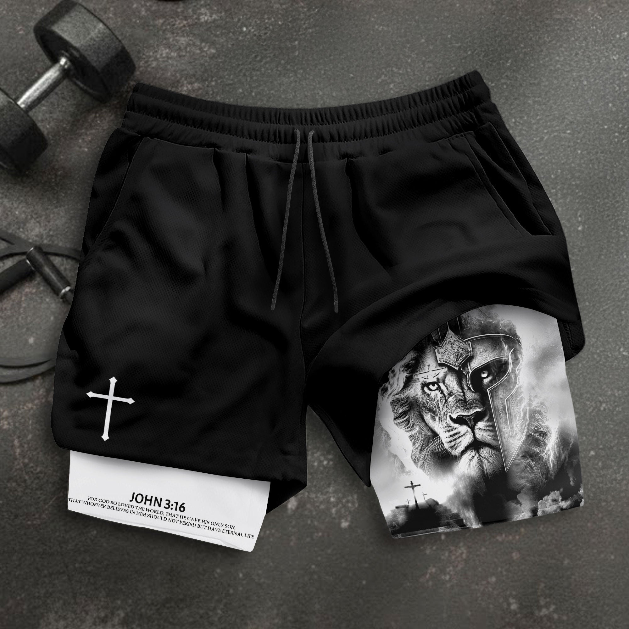 Lion of Judah Christian Shorts for Men Warrior Cross John 3 16