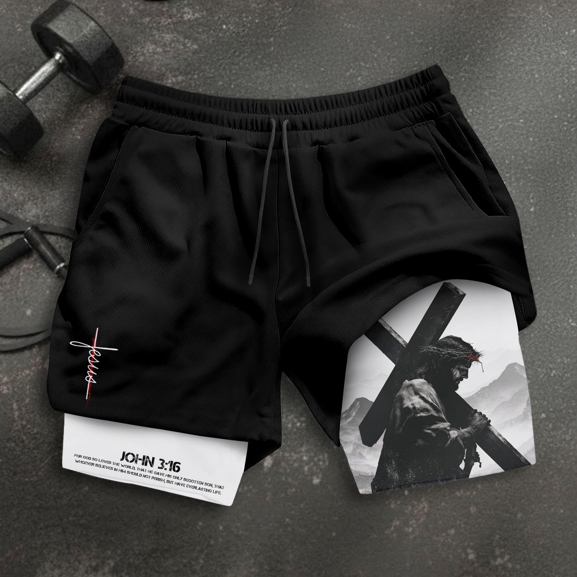 John 3:16 Christian Gym Shorts for Men with Liner Jesus Cross Design Religious