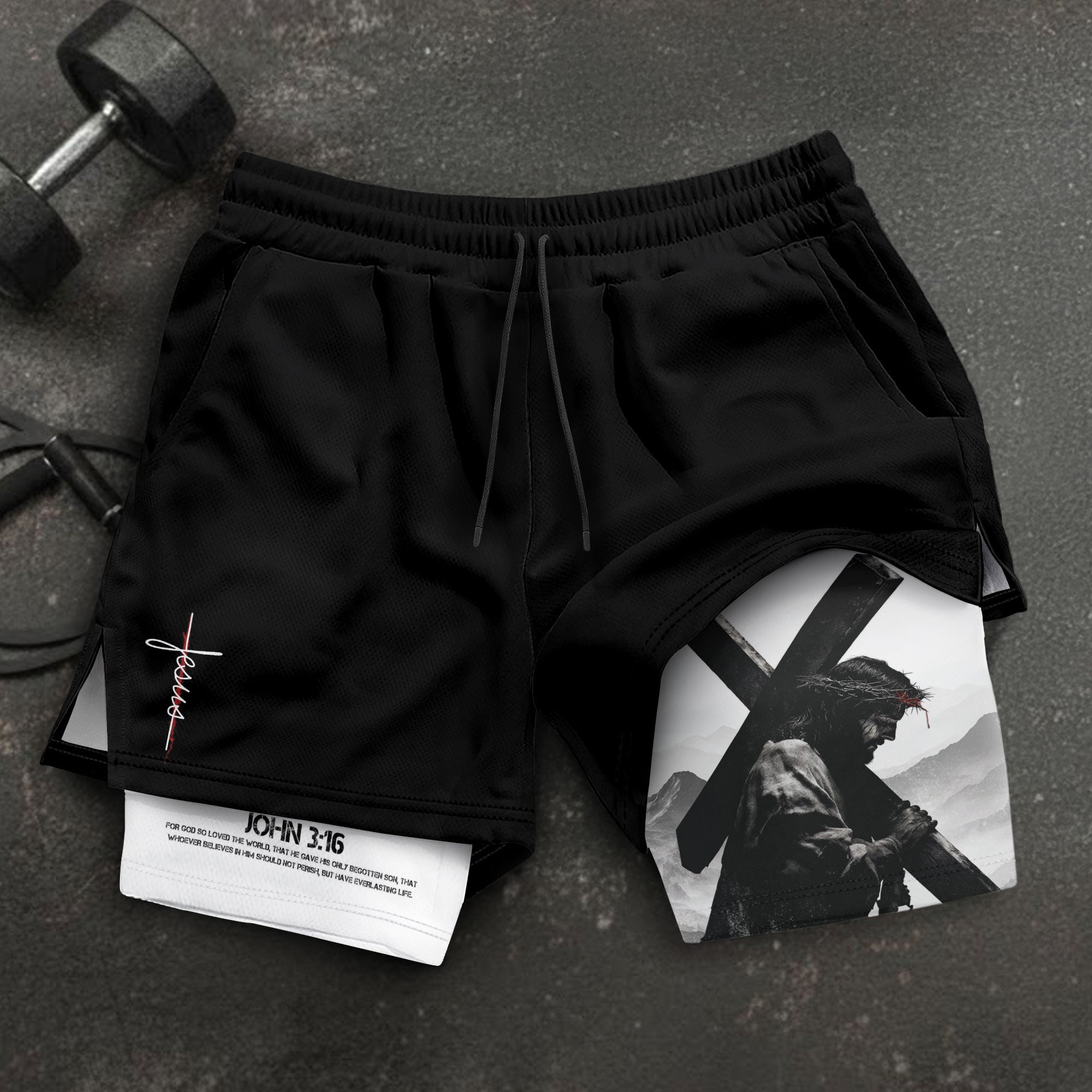 John 3:16 Christian Gym Shorts for Men with Liner Jesus Cross Design Religious - Rust Field Wear
