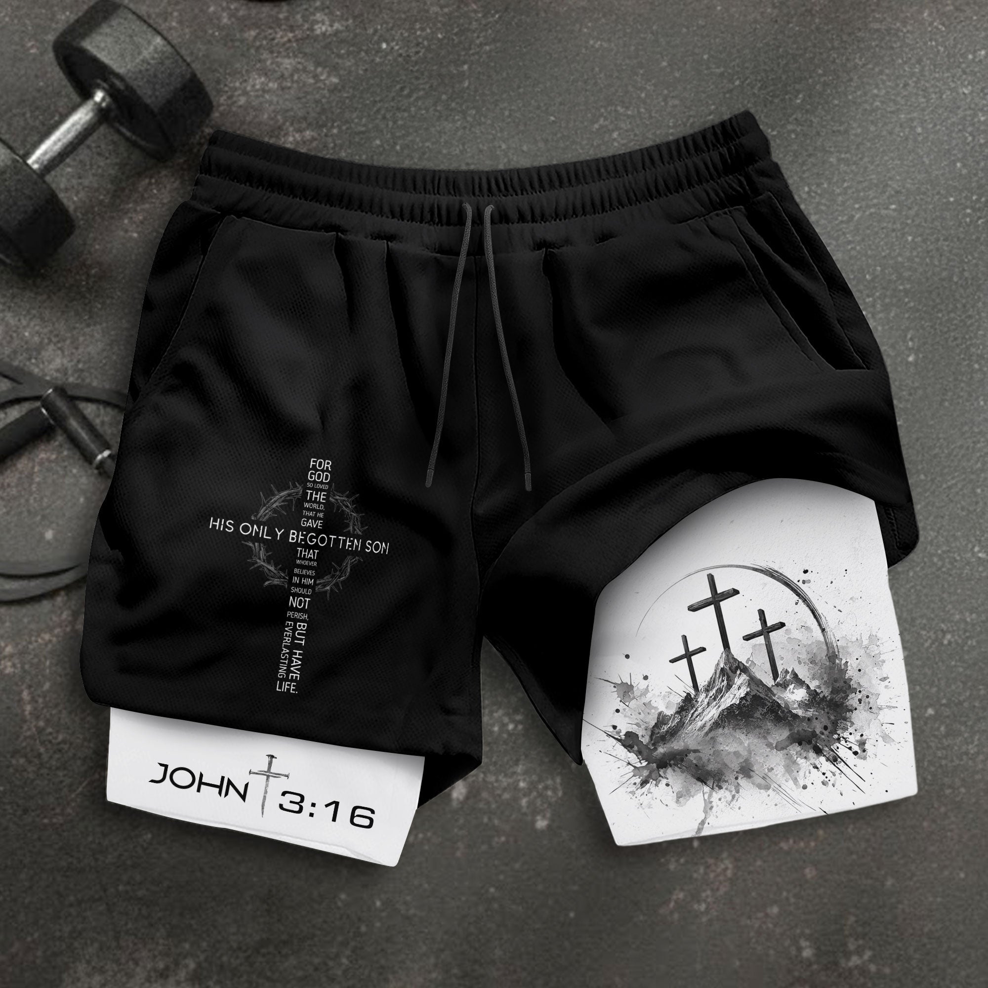 John 3:16 Christian Gym Shorts for Men with Liner Mountain Cross Design