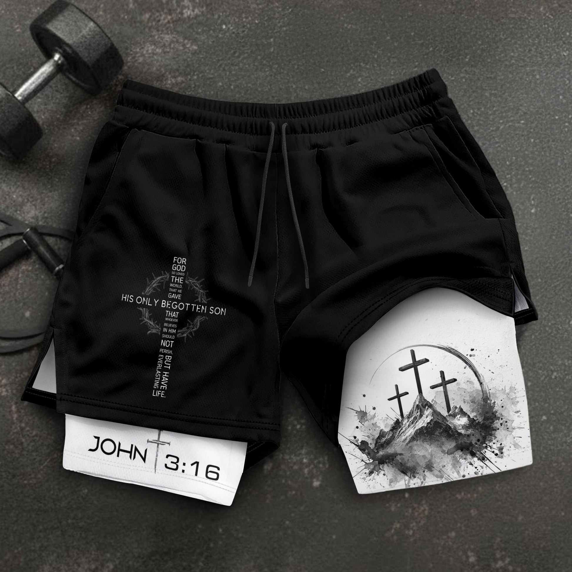 John 3:16 Christian Gym Shorts for Men with Liner Mountain Cross Design - Rust Field Wear
