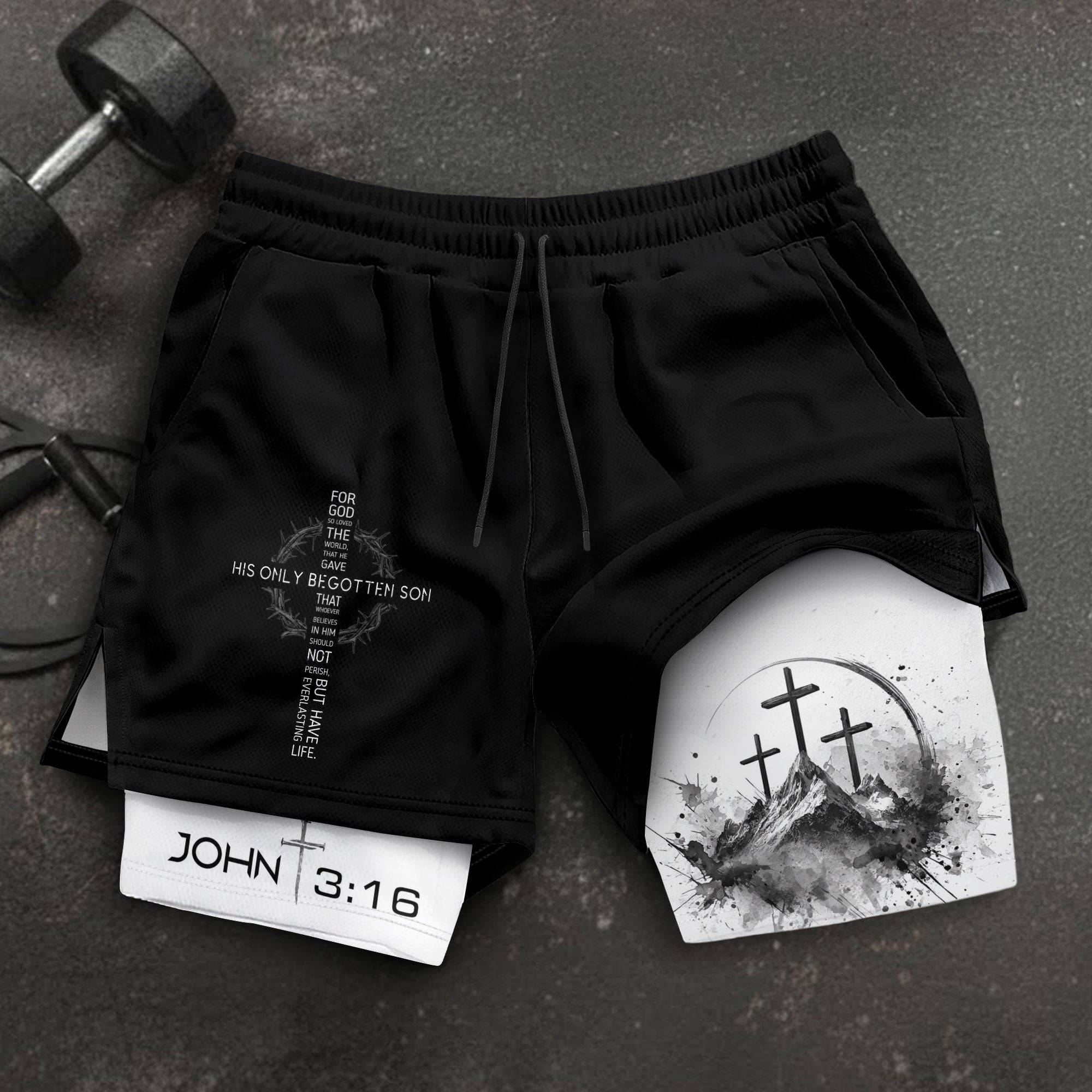 John 3:16 Christian Gym Shorts for Men with Liner Mountain Cross Design - Rust Field Wear