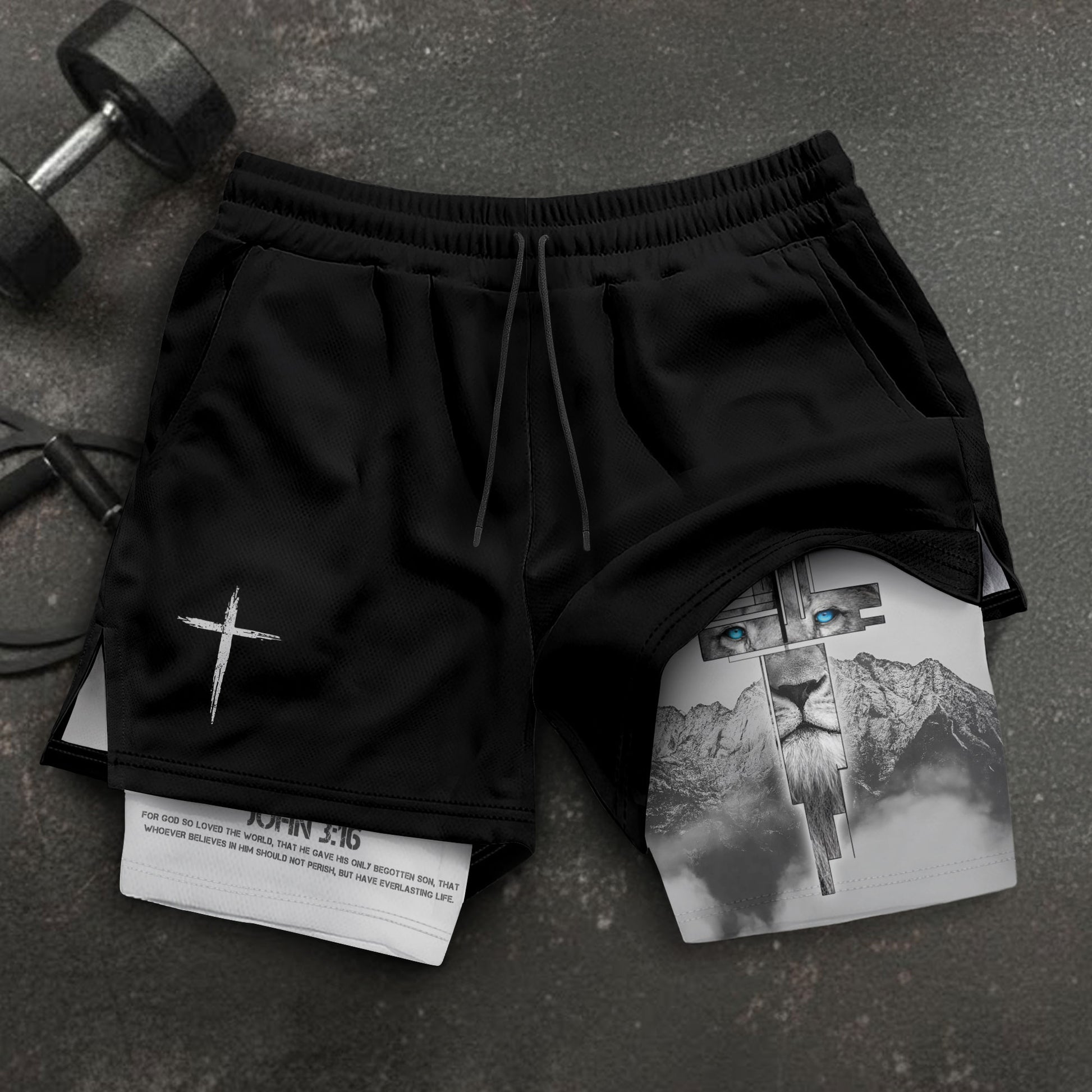 John 3:16 Christian Gym Shorts for Men with Liner Lion Cross Design - Rust Field Wear