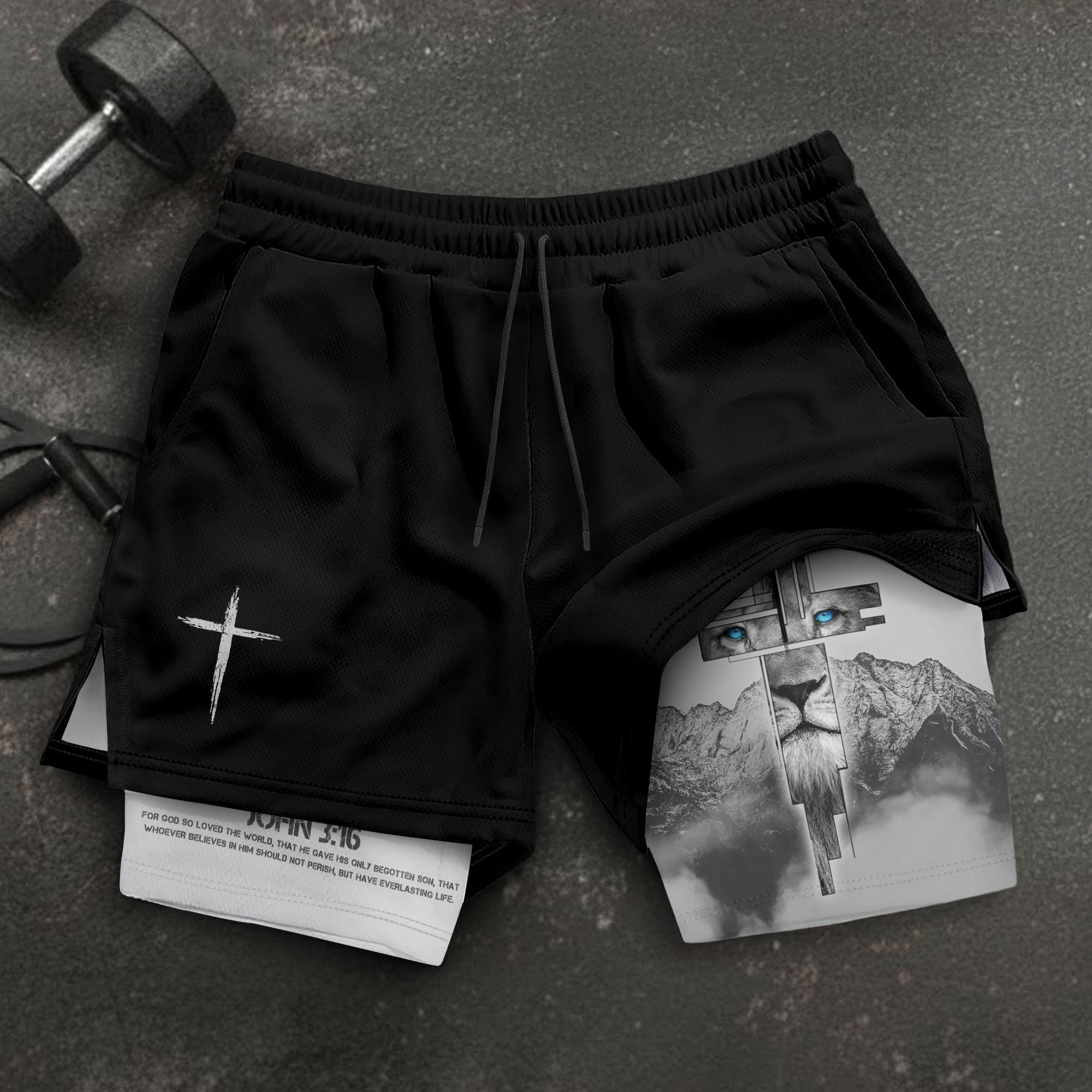 John 3:16 Christian Gym Shorts for Men with Liner Lion Cross Design - Rust Field Wear