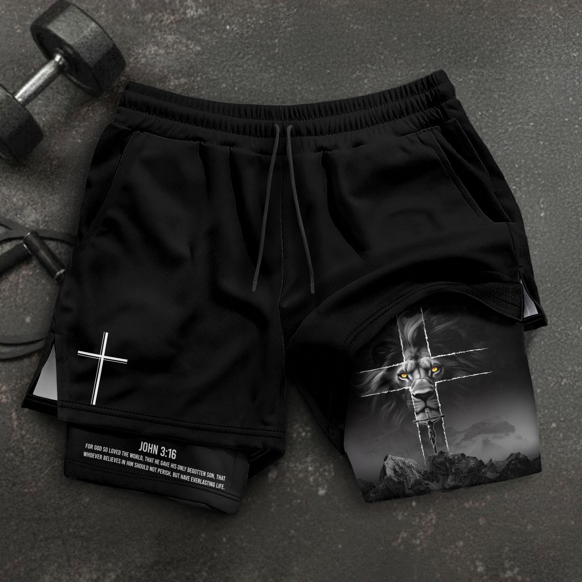John 3:16 Christian Gym Shorts for Men with Liner Golden Eye Lion Design - Rust Field Wear