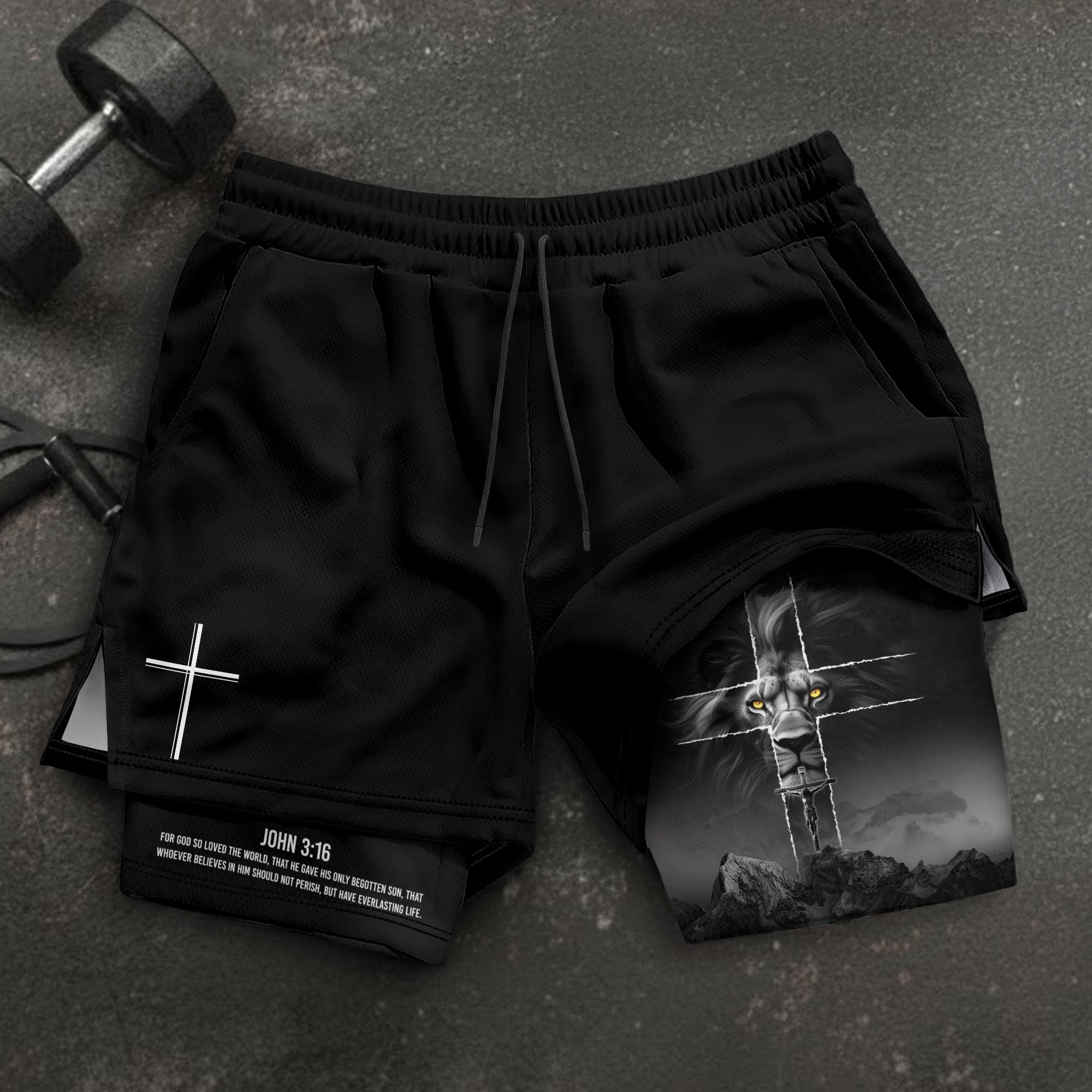 John 3:16 Christian Gym Shorts for Men with Liner Golden Eye Lion Design - Rust Field Wear