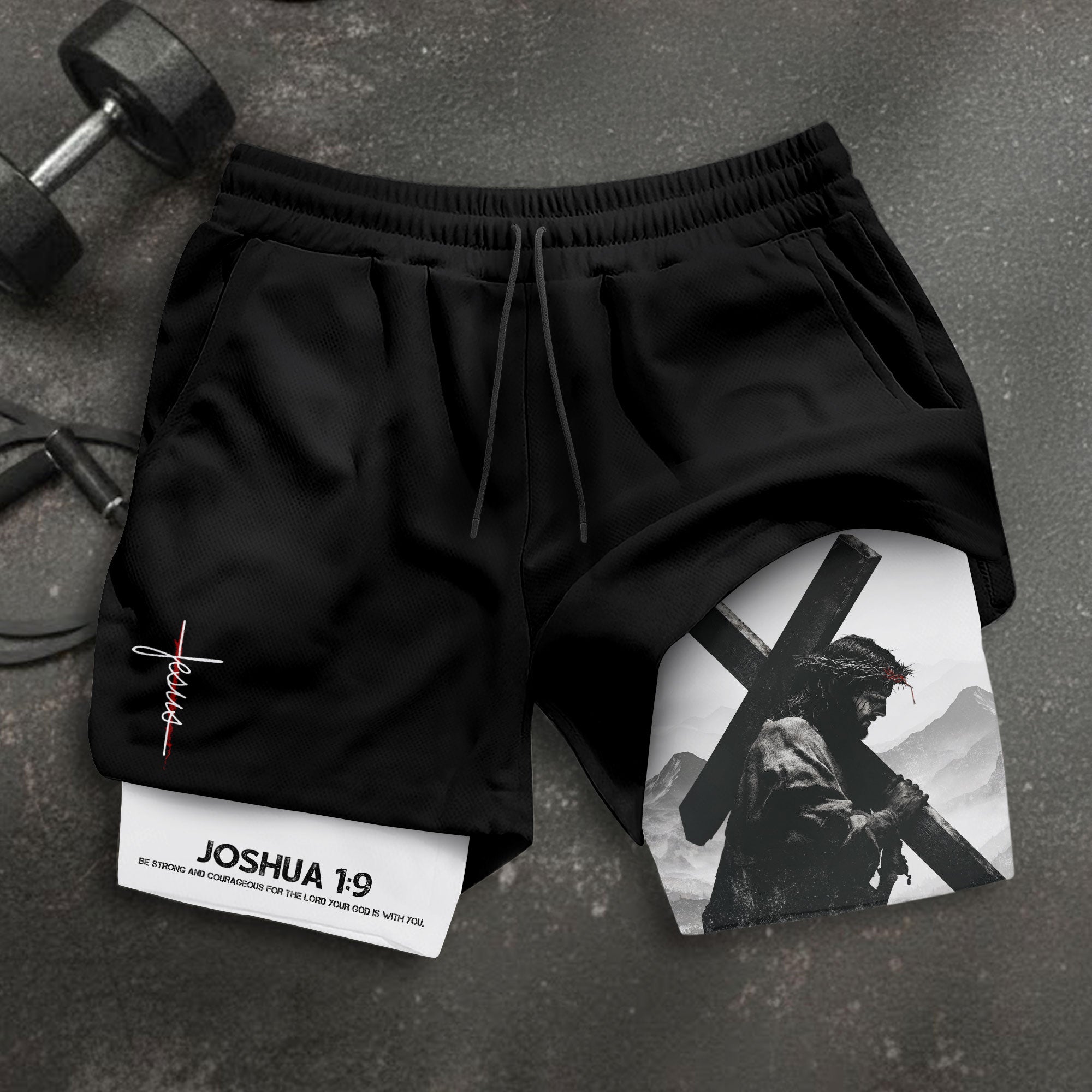 Joshua 1 9 Jesus Carrying Cross Christian Gym Shorts Faith Strength