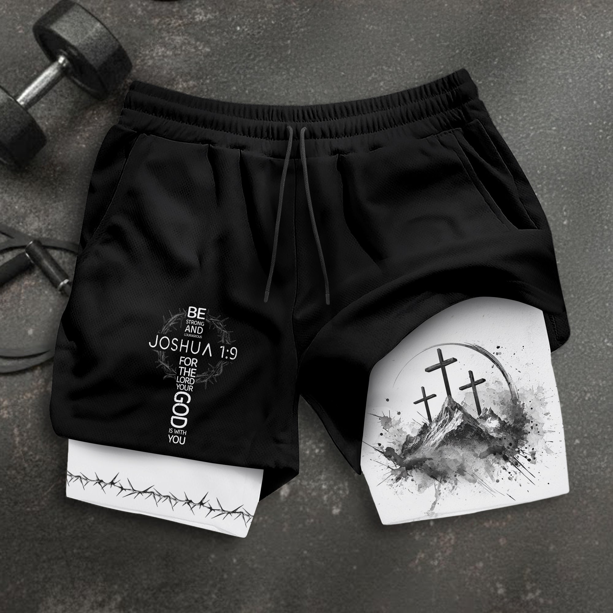 Joshua 1 9 Three Crosses Christian Gym Shorts Faith Over Fear