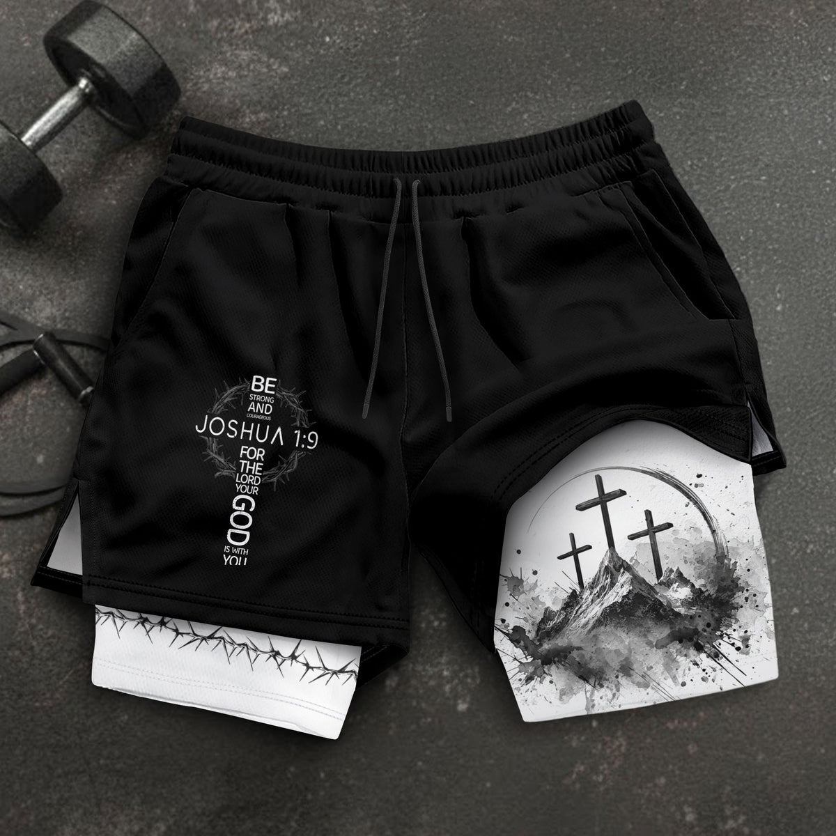 Joshua 1:9 Three Crosses Christian Gym Shorts Faith Over Fear - Rust Field Wear