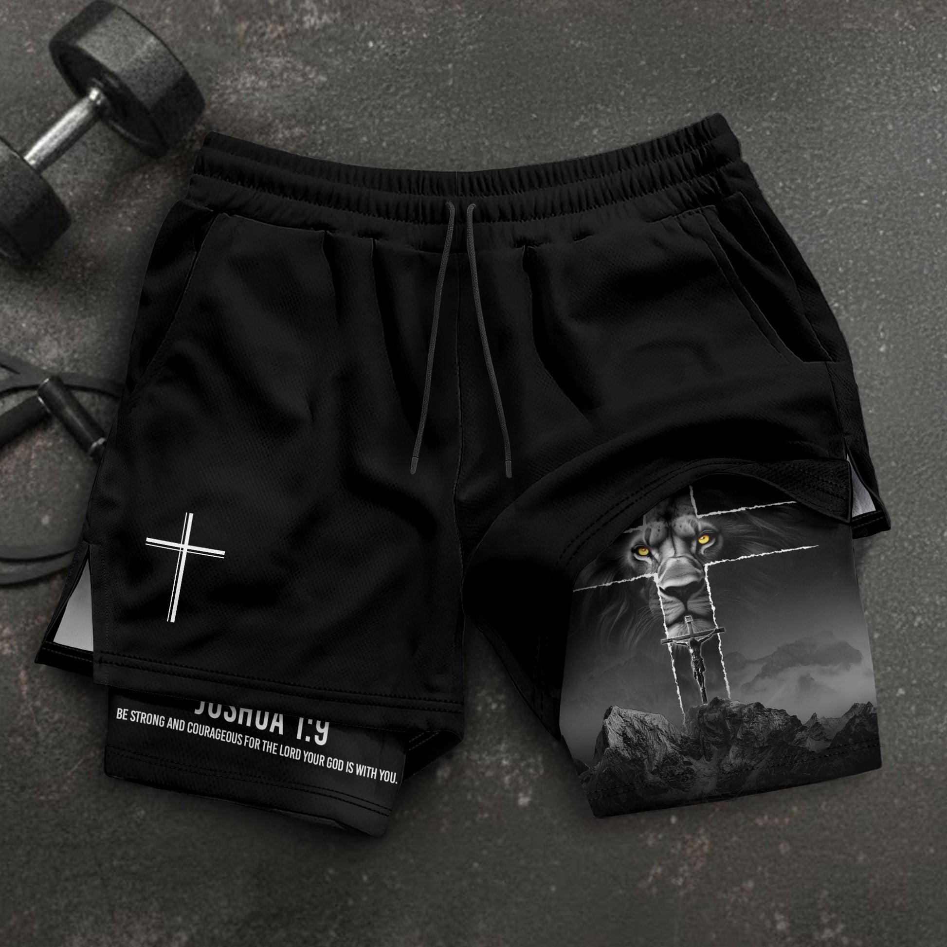 Joshua 1:9 Lion Cross Faith Christian Gym Shorts Bible Verse - Rust Field Wear