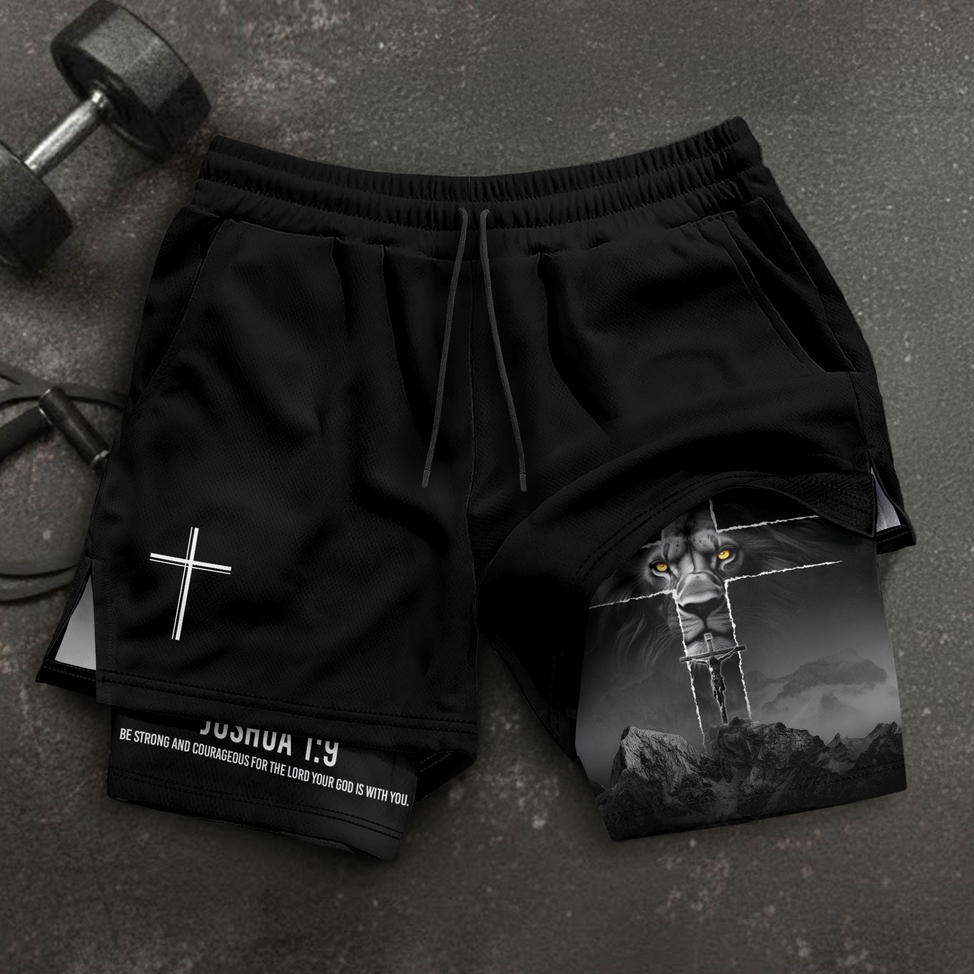 Joshua 1:9 Lion Cross Faith Christian Gym Shorts Bible Verse - Rust Field Wear