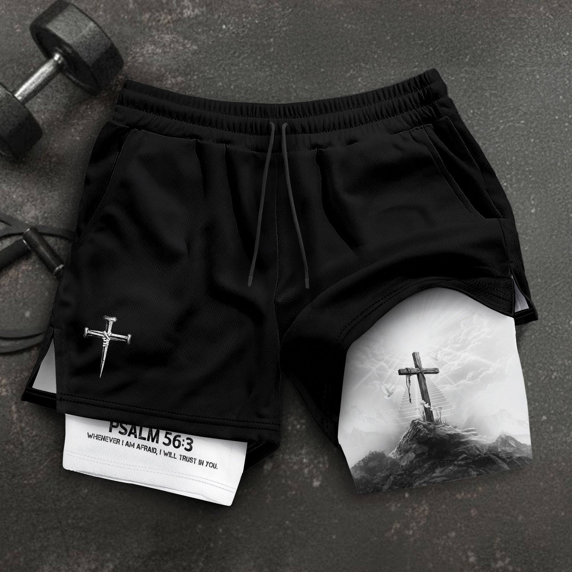 Psalm 56:3 Cross on the Mountain Christian Gym Shorts - Rust Field Wear