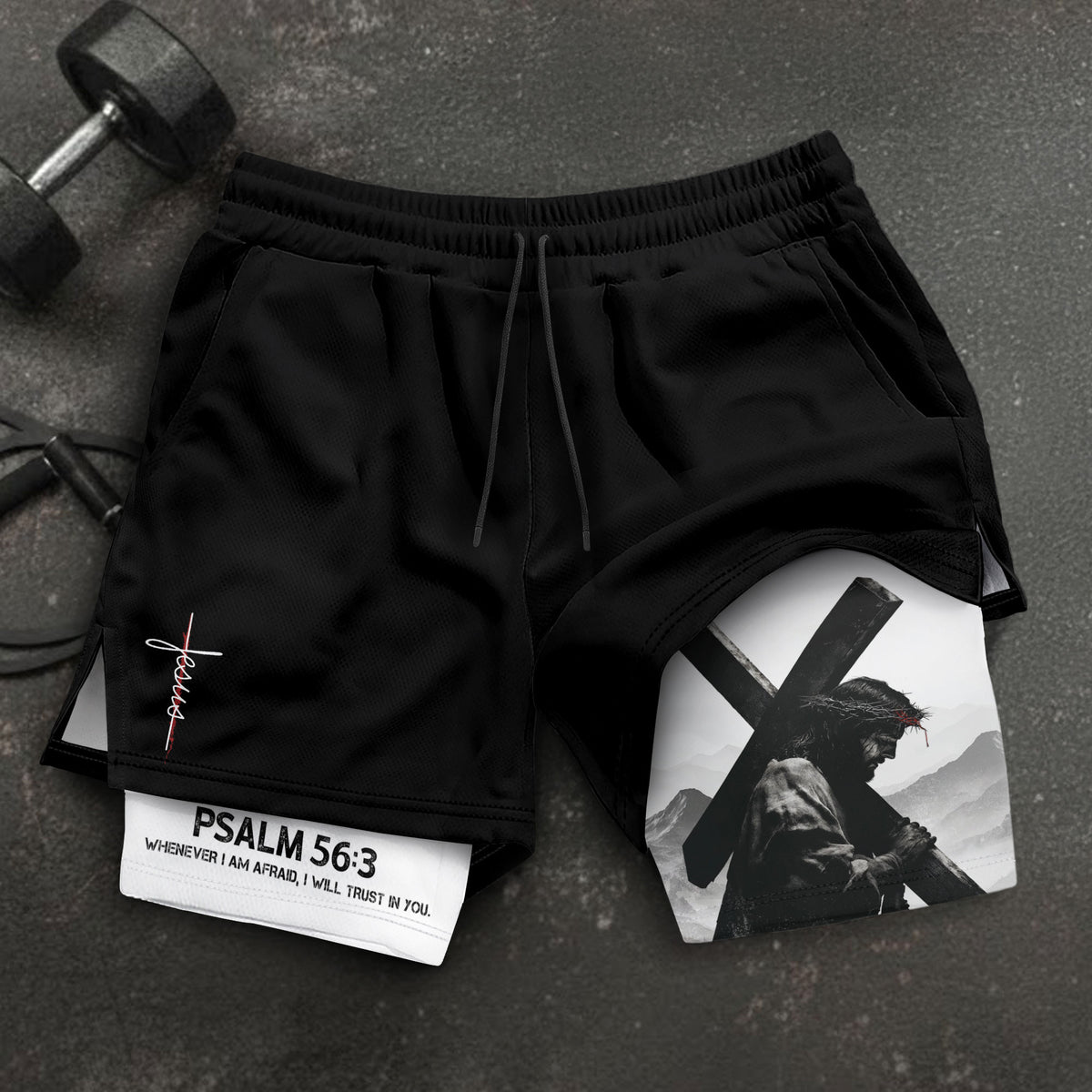 Psalm 56:3 Jesus Carrying the Cross Christian Gym Shorts - Rust Field Wear