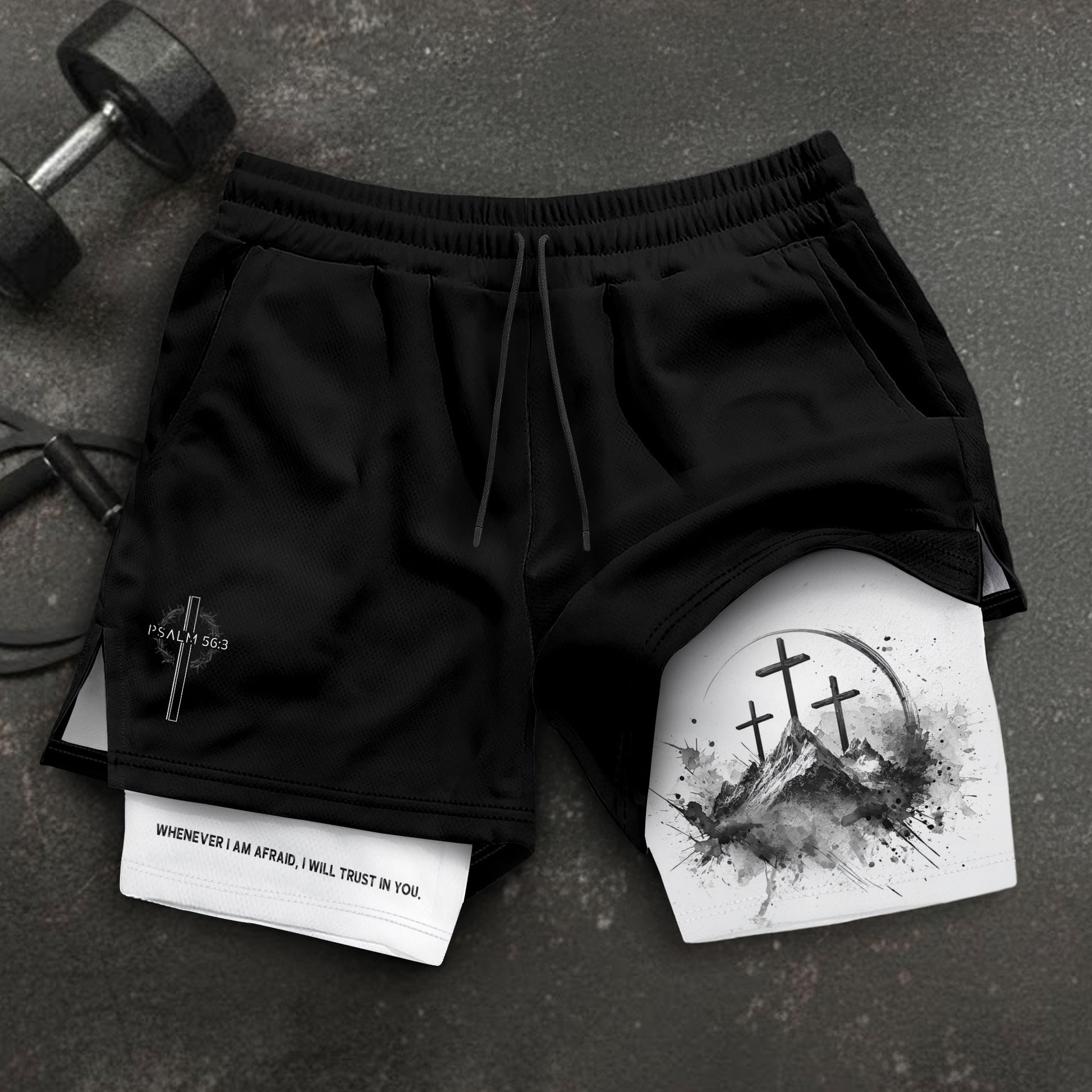 Psalm 56:3 Three Crosses Christian Gym Shorts Faith Over Fear - Rust Field Wear
