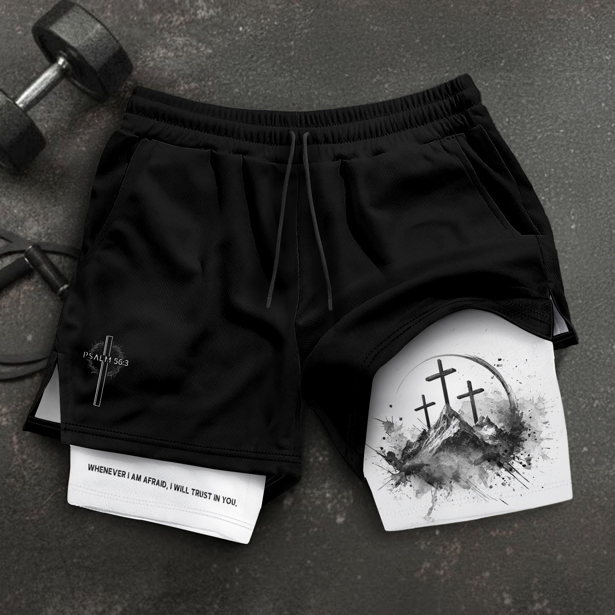 Psalm 56:3 Three Crosses Christian Gym Shorts Faith Over Fear - Rust Field Wear