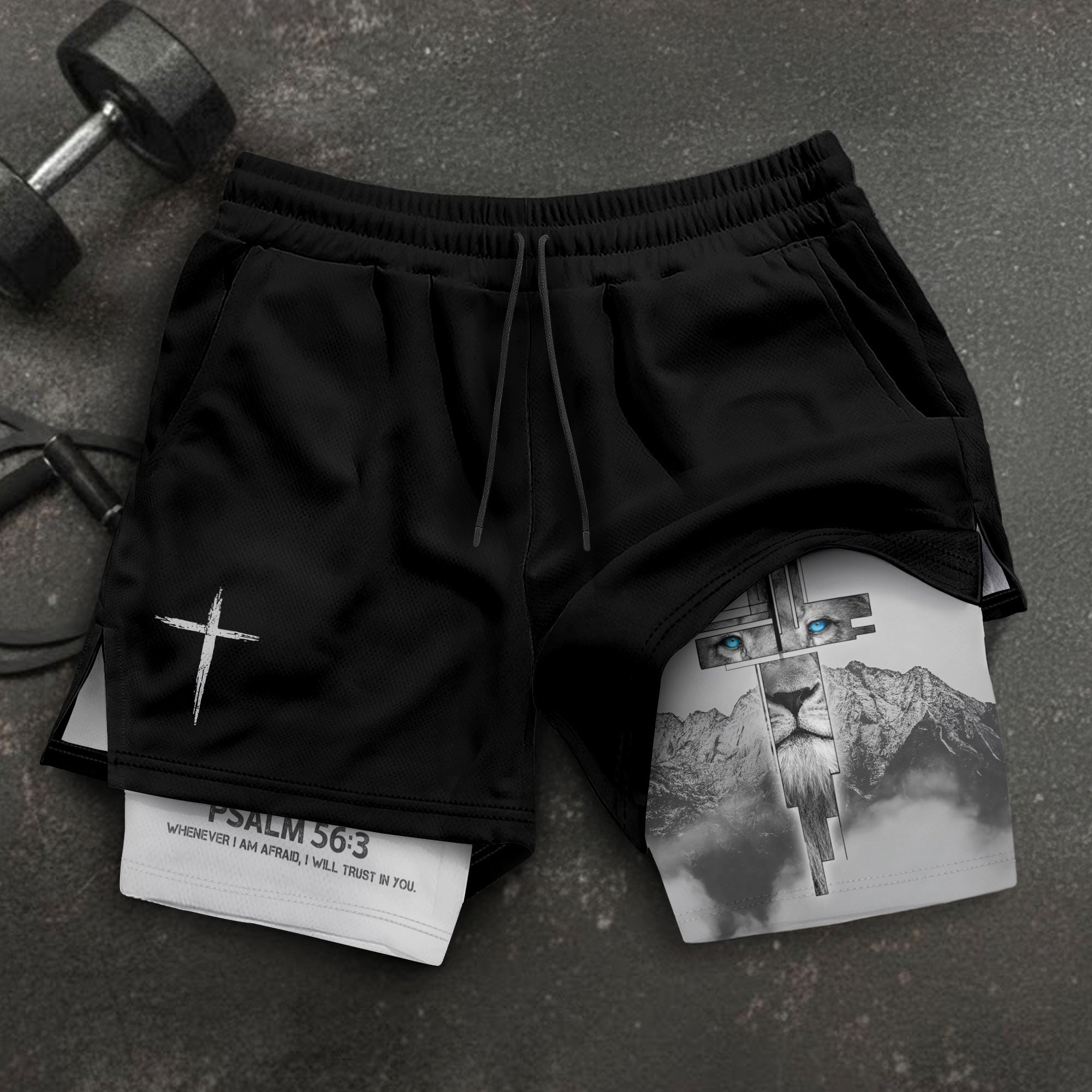 Psalm 56:3 Lion Cross Christian Gym Shorts Eyes of Faith - Rust Field Wear
