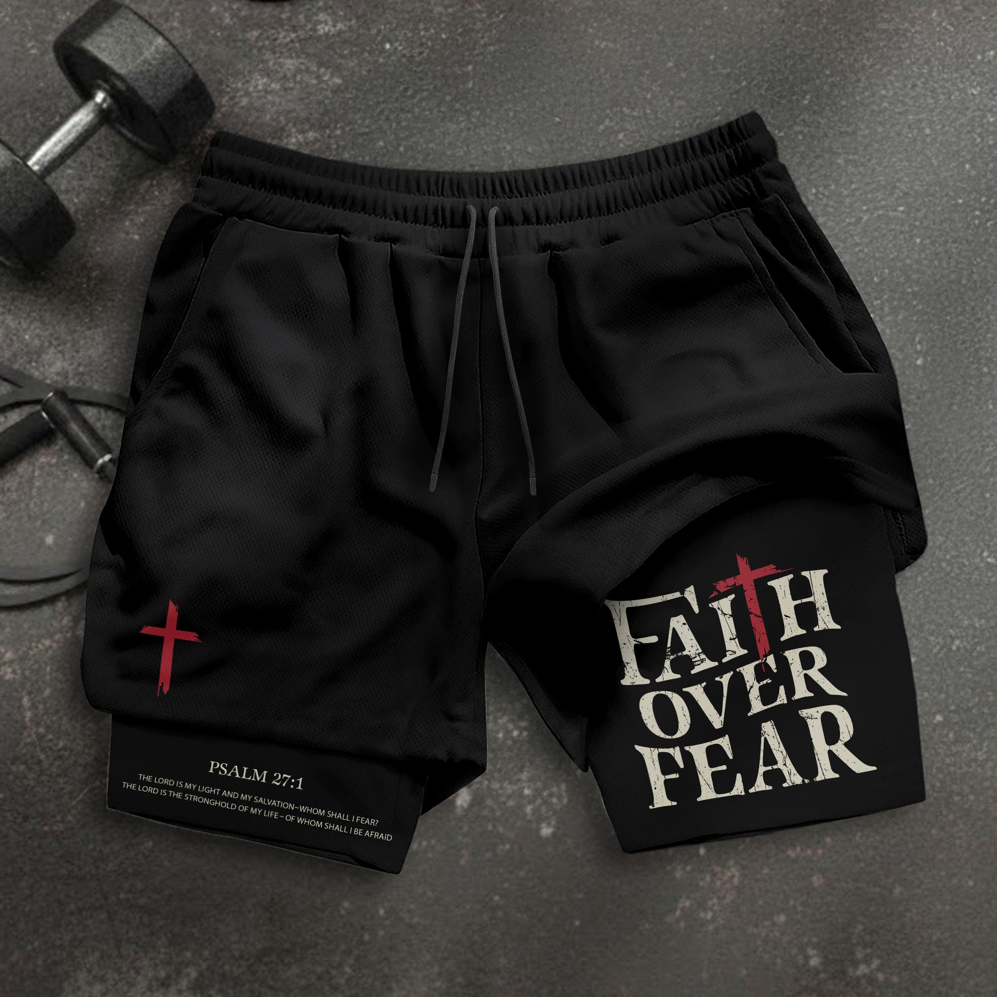 Faith Over Fear Christian Gym Shorts for Men Psalm 27 1 Red Cross