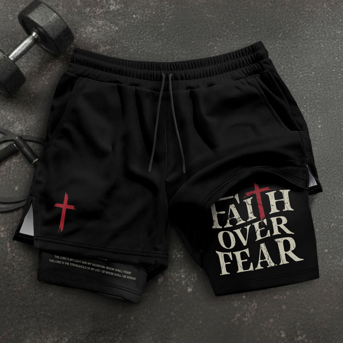 Faith Over Fear Christian Gym Shorts for Men Psalm 27:1 Red Cross upsale - Rust Field Wear