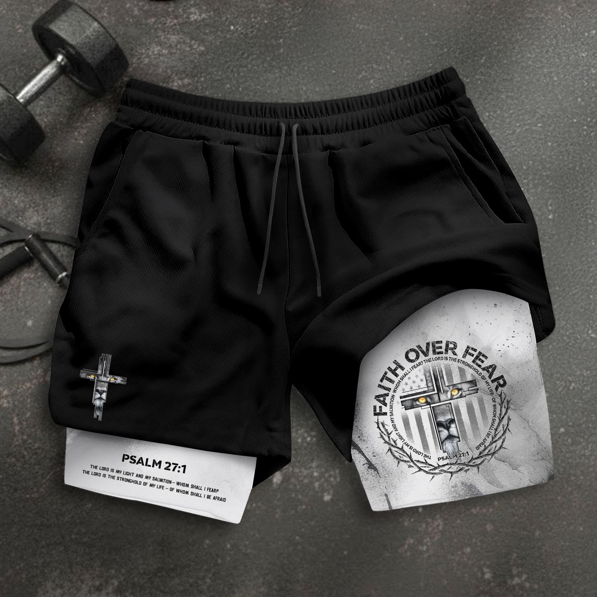 Faith Over Fear Christian Gym Shorts for Men Psalm 27 1 Armor Cross Lion