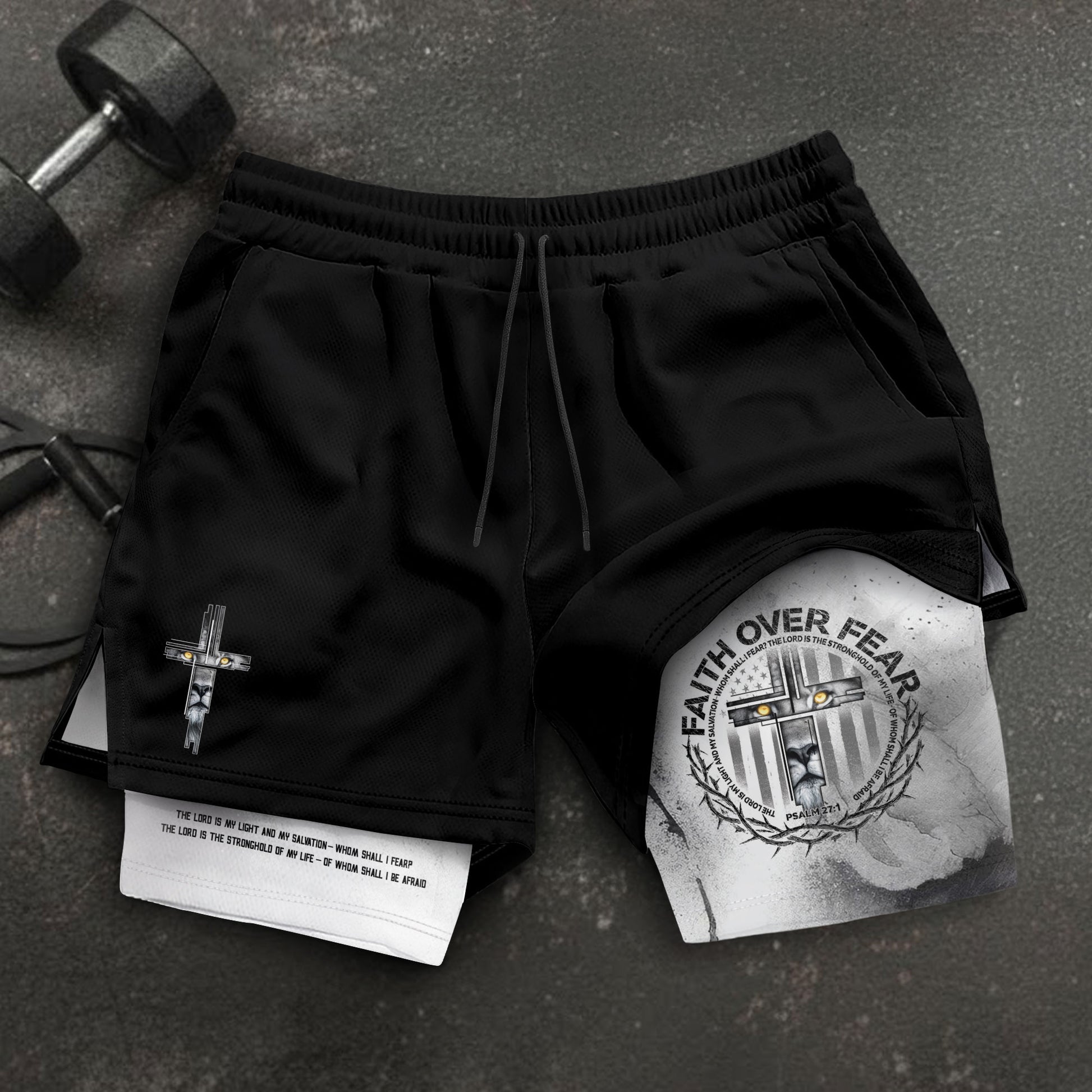Faith Over Fear Christian Gym Shorts for Men Psalm 27:1 Armor Cross Lion - Rust Field Wear