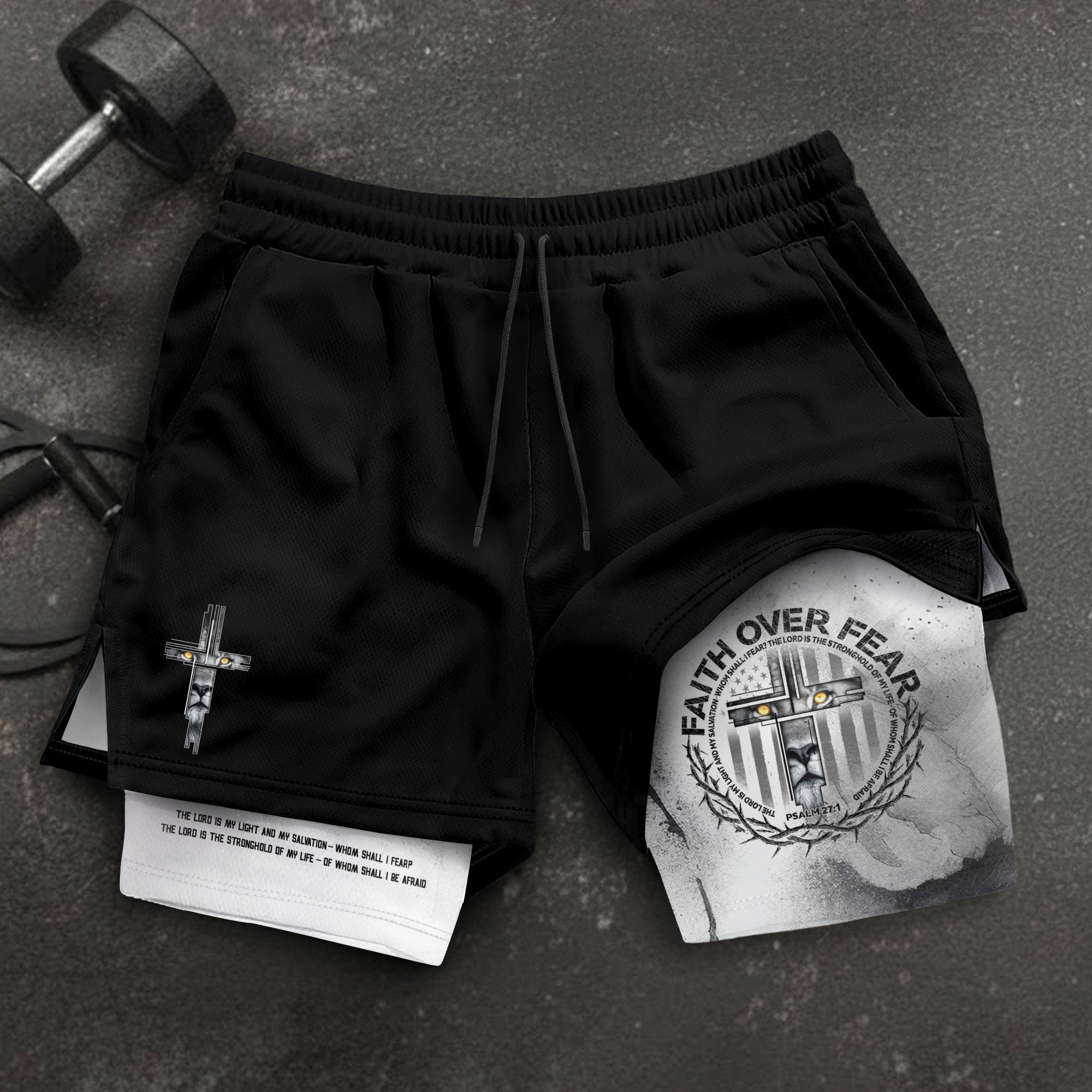 Faith Over Fear Christian Gym Shorts for Men Psalm 27:1 Armor Cross Lion - Rust Field Wear
