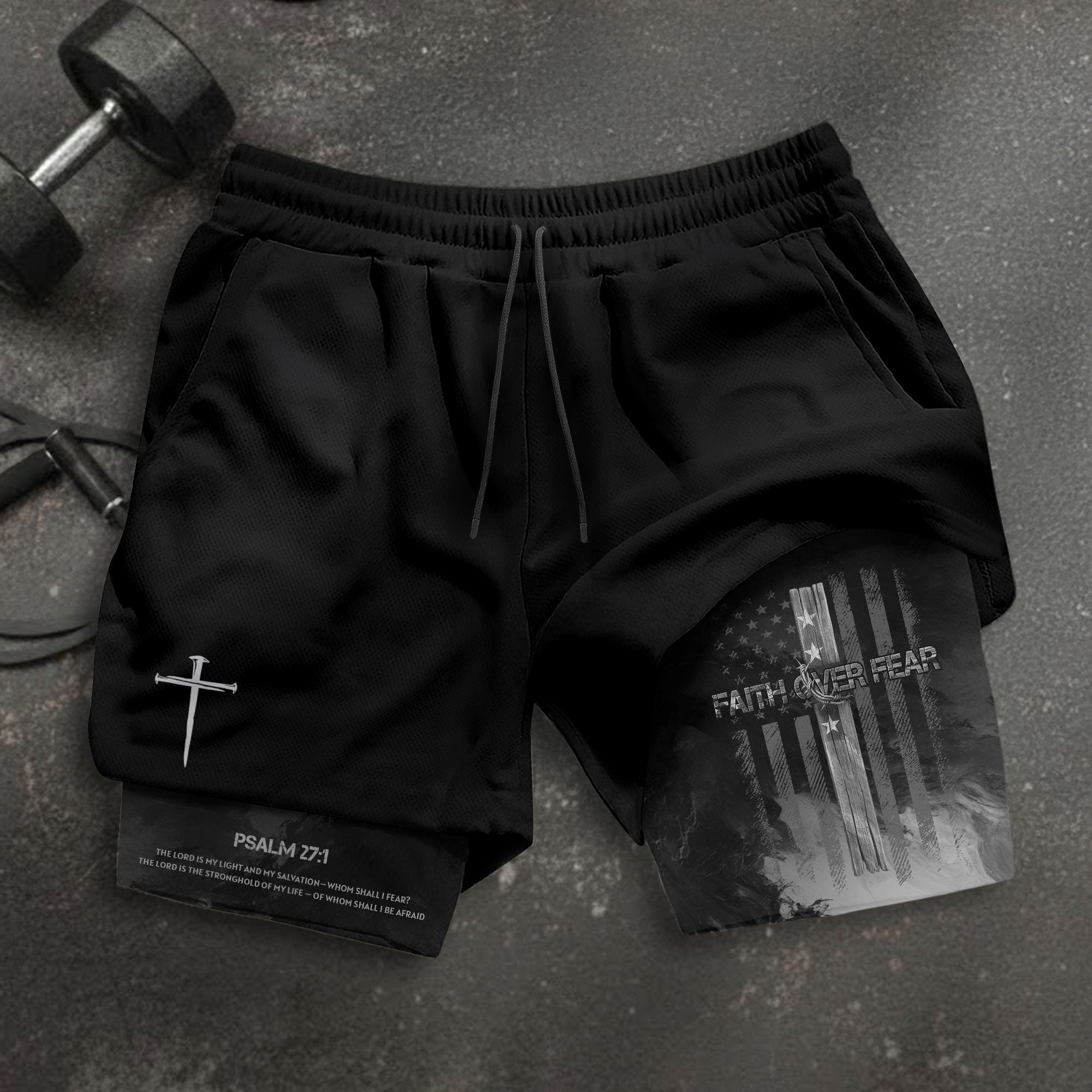 Faith Over Fear Christian Gym Shorts for Men Psalm 27 1 American Flag Cross