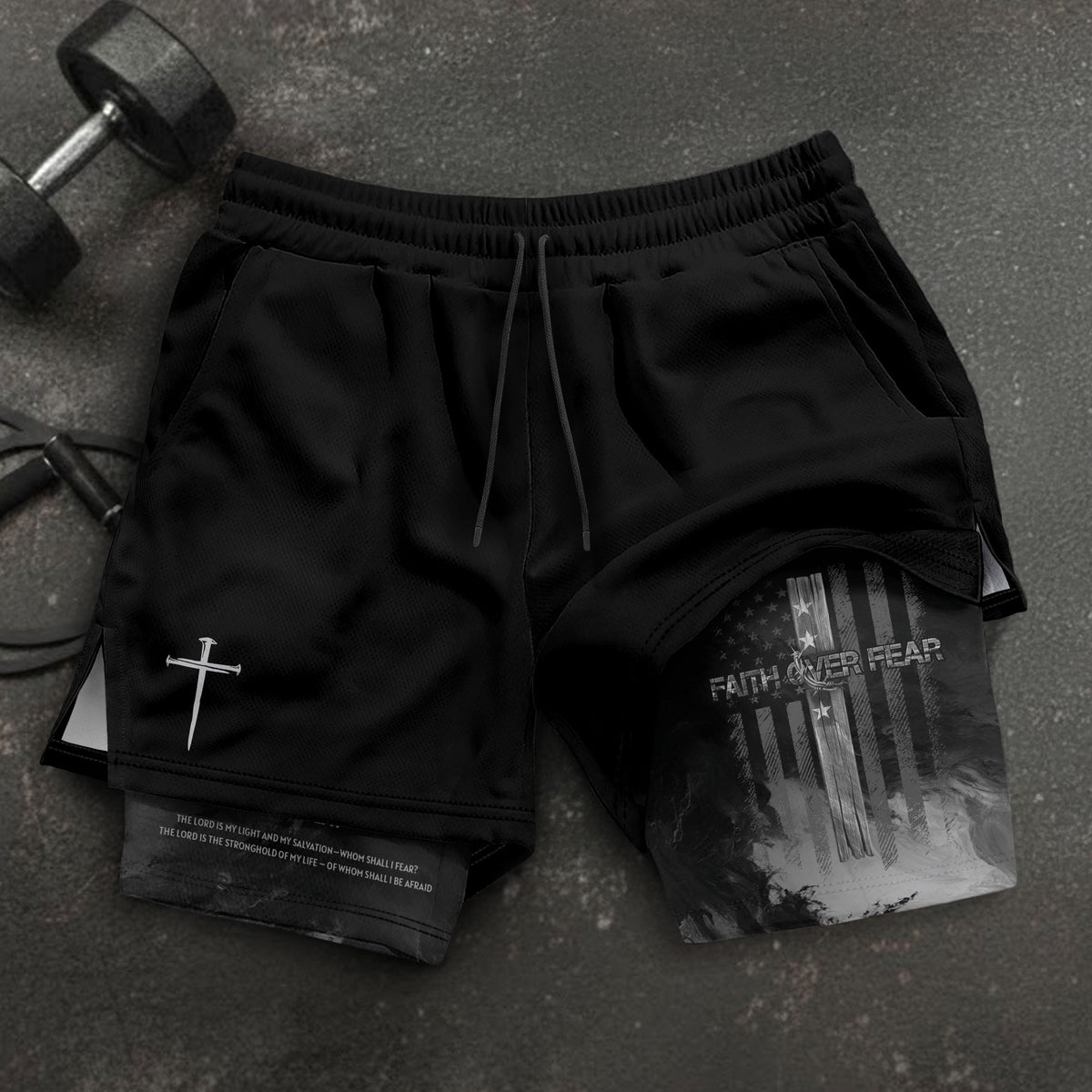 Faith Over Fear Christian Gym Shorts for Men Psalm 27:1 American Flag Cross - Rust Field Wear